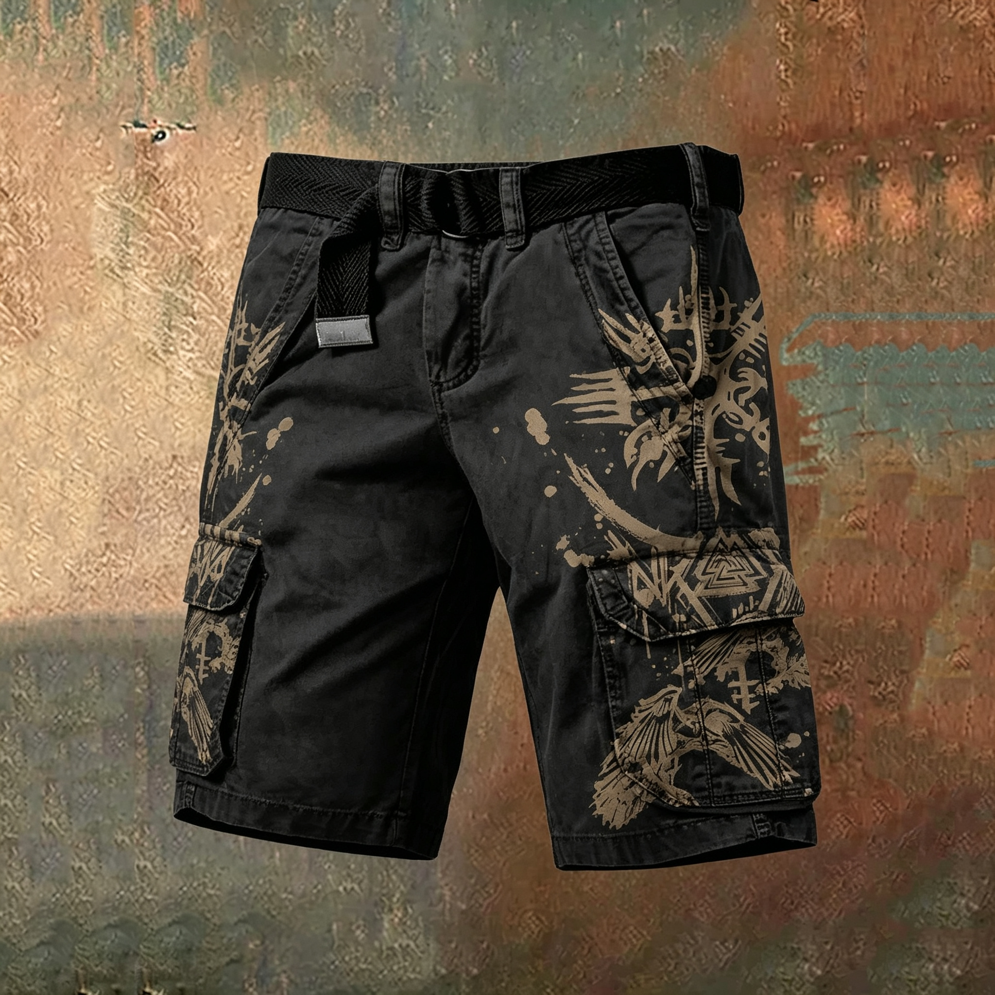 Men's Amon Amarth Viking Celtic Skull Belted Multi-Pocket Cargo Shorts
