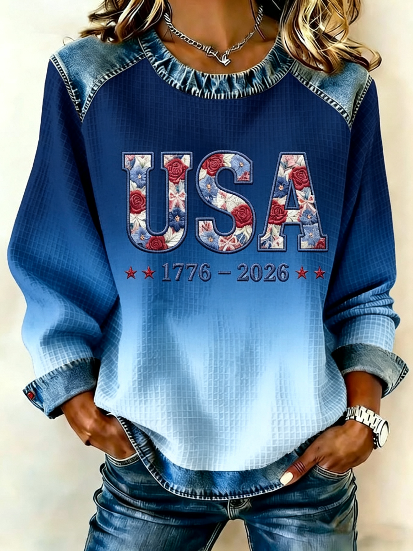 Vintage Floral USA Star Print Denim Patch Shoulder Long Sleeve Blouse