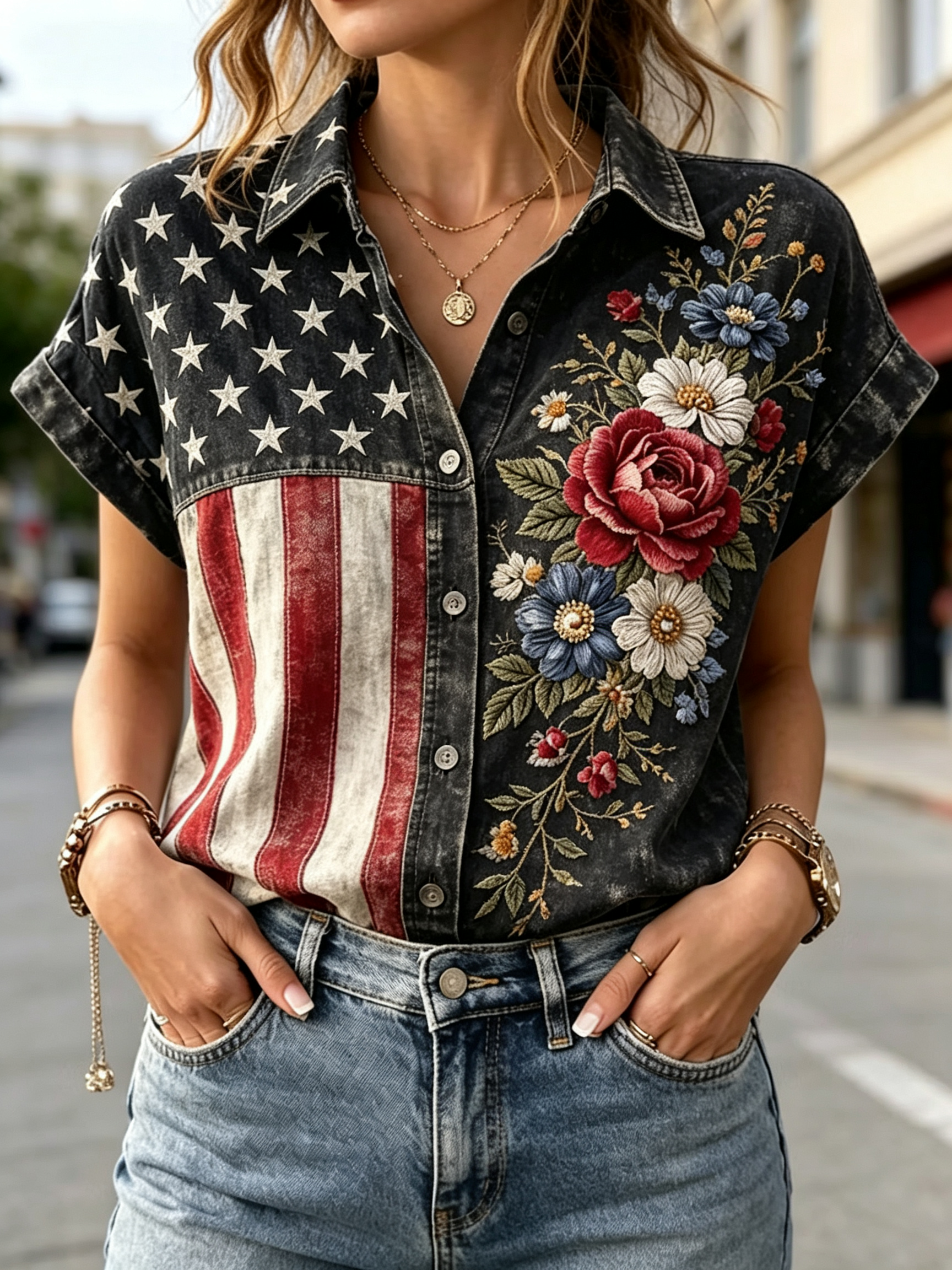 Women's Star Stripe Color Block Floral Embossed Short Sleeve Button Down Shirt