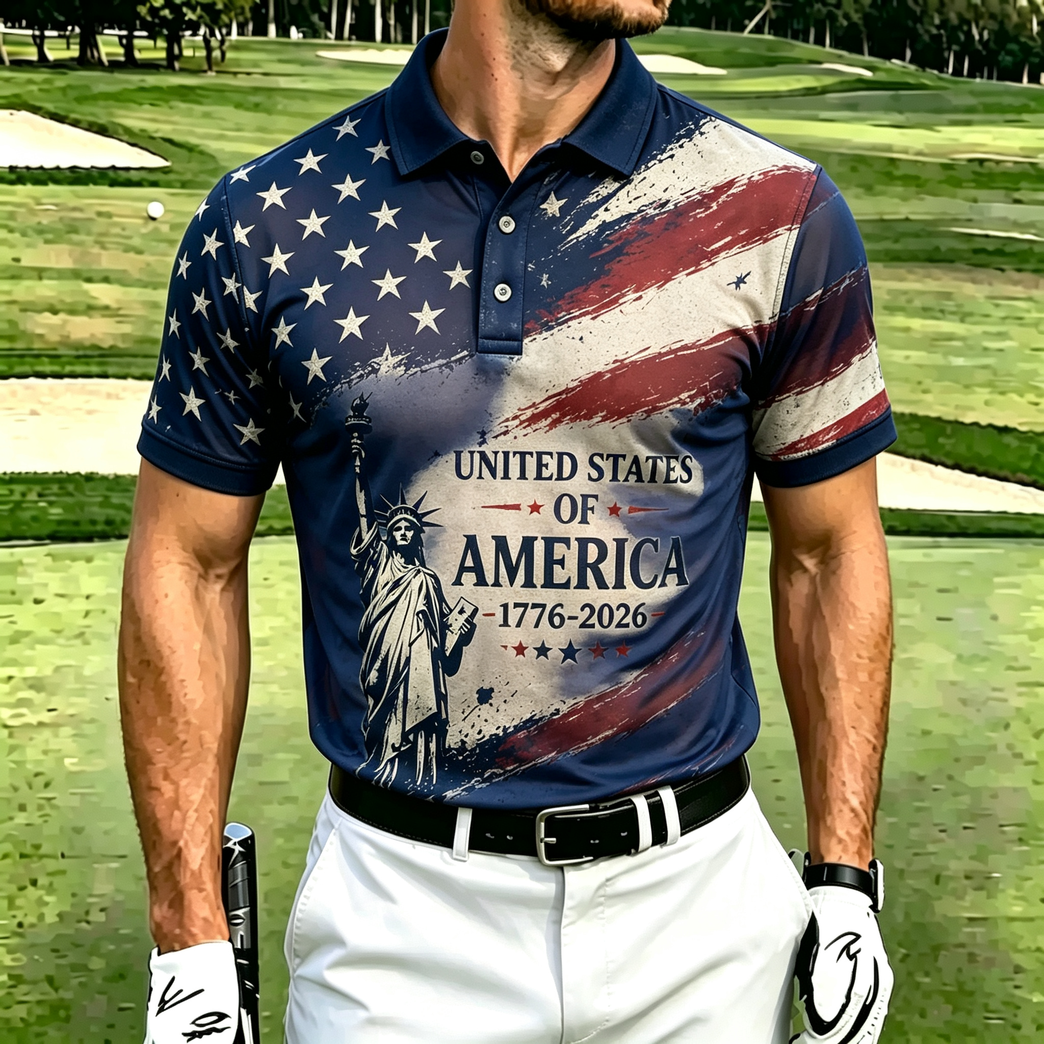 Retro Brushstroke American Flag Liberty Graphic Casual Performance Polo Top