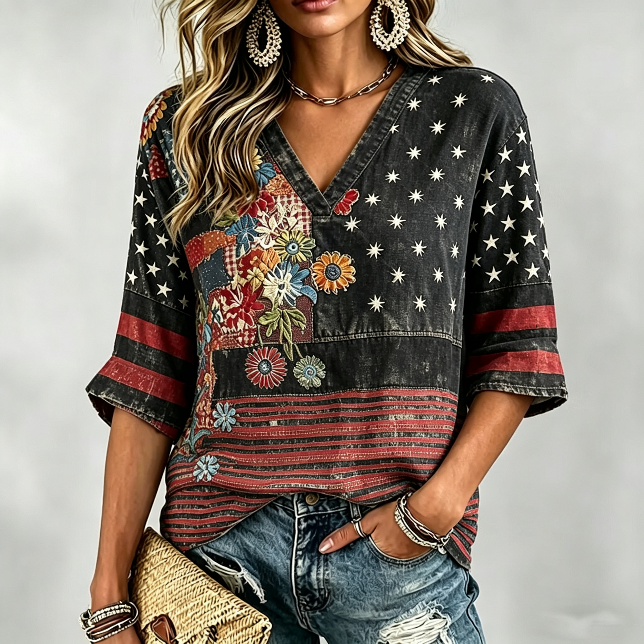 Women's Color Block Star Stripe Floral Patchwork V Neck 3/4 Sleeve Casual Top
