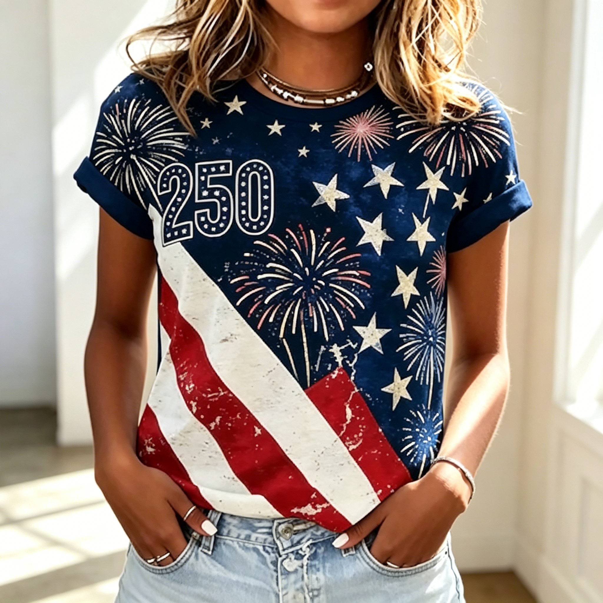 Women’s Patriotic Graphic T-Shirt, Casual Short Sleeve Tee for Independence Day & Daily Wea