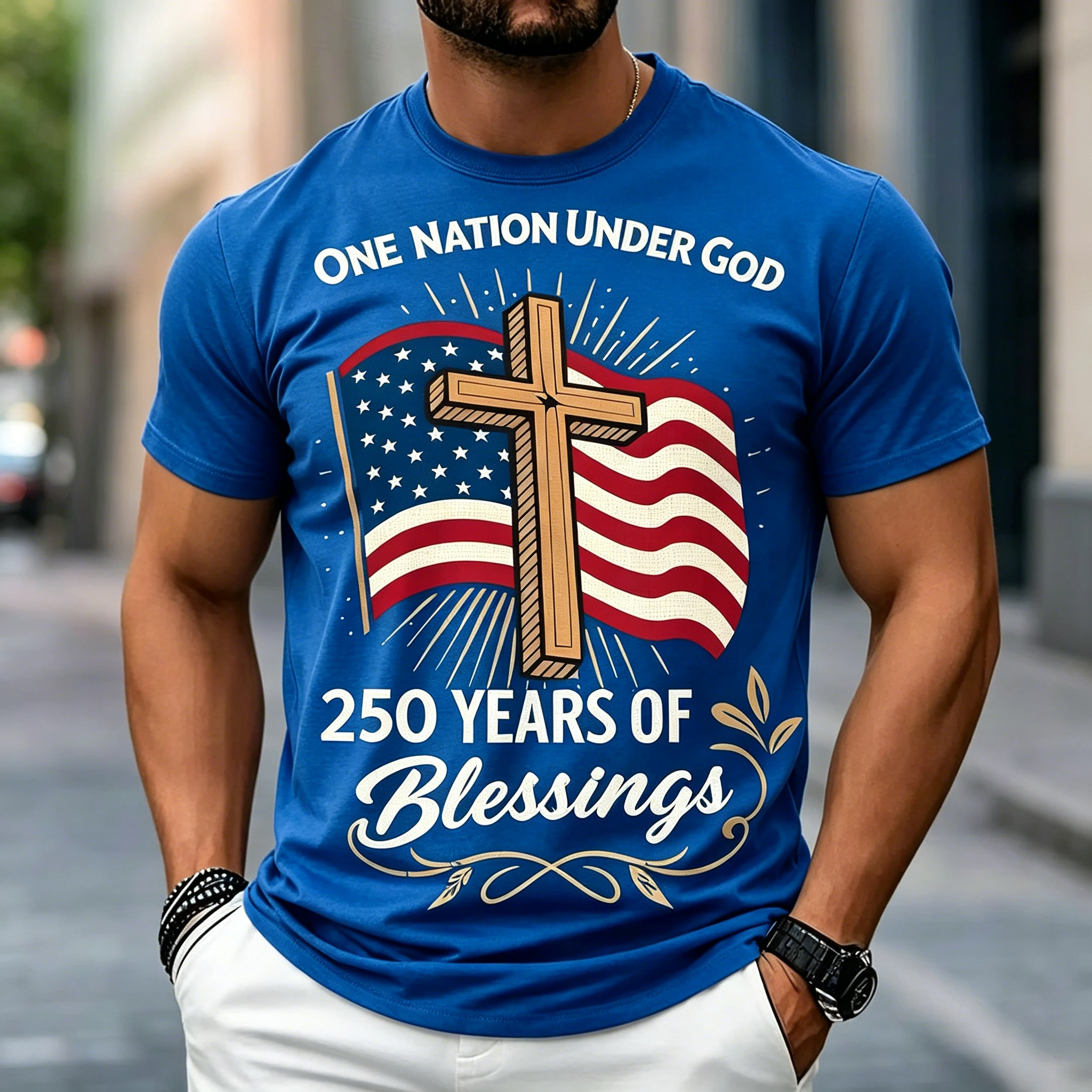 Men's One Nation Under God Cross & American Flag 250 Years of Blessings Patriotic Graphic Tee