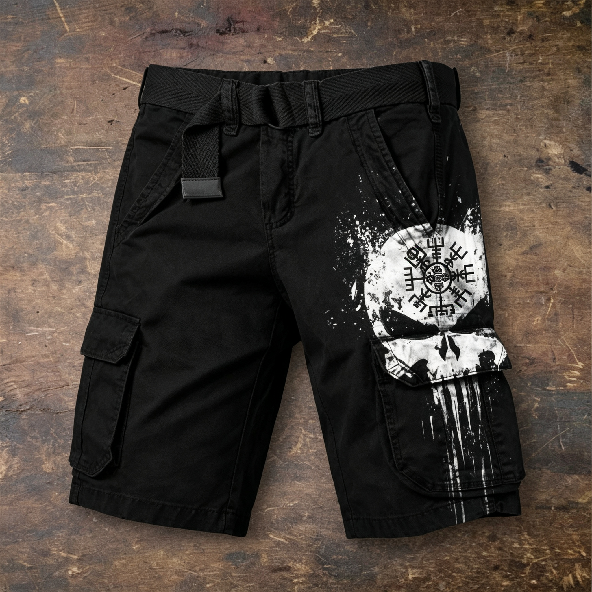 Men's Viking Compass Skull Print Multi-Pocket Cargo Shorts with Belt