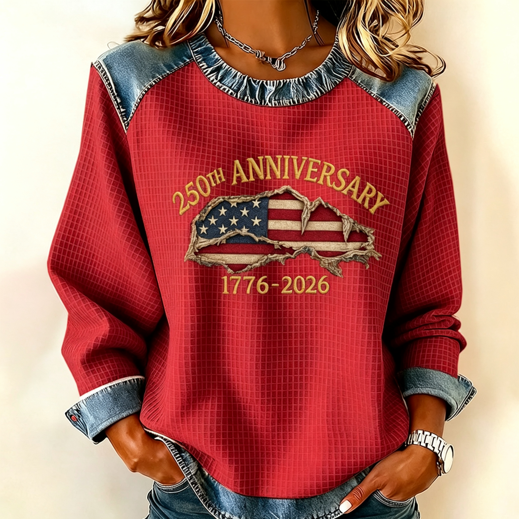 Vintage Distressed American Flag Ruffle Neck Raglan Sweatshirt