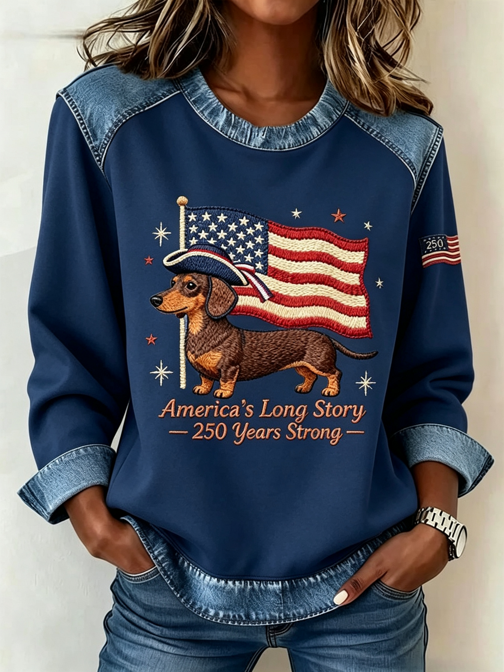 [Copy]Vintage Floral USA Star Print Denim Patch Shoulder Long Sleeve Blouse