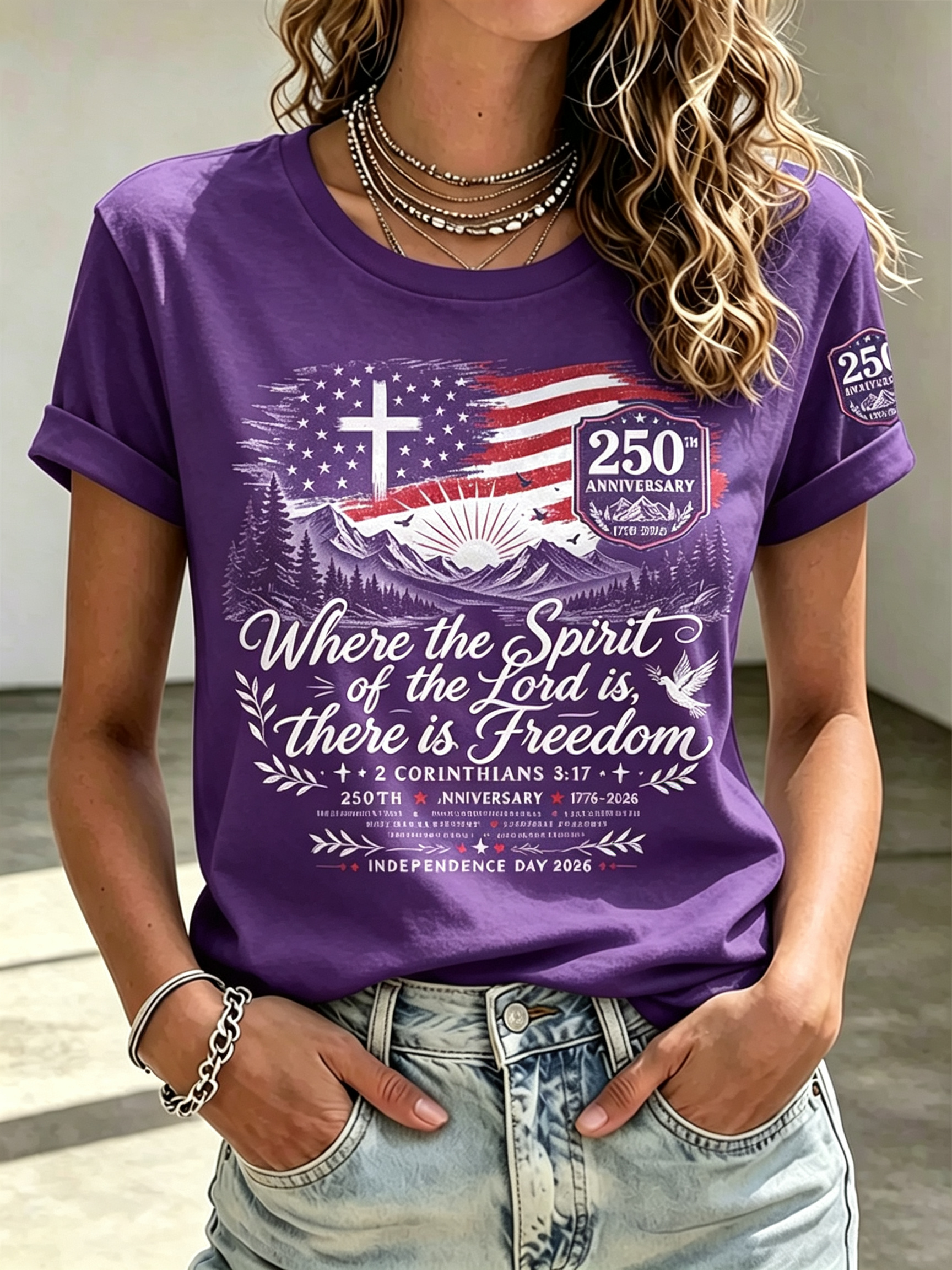 Retro Mountain Dove Cross Patriotic 1776-2026 Short Sleeve Top with Sleeve Patch Detail