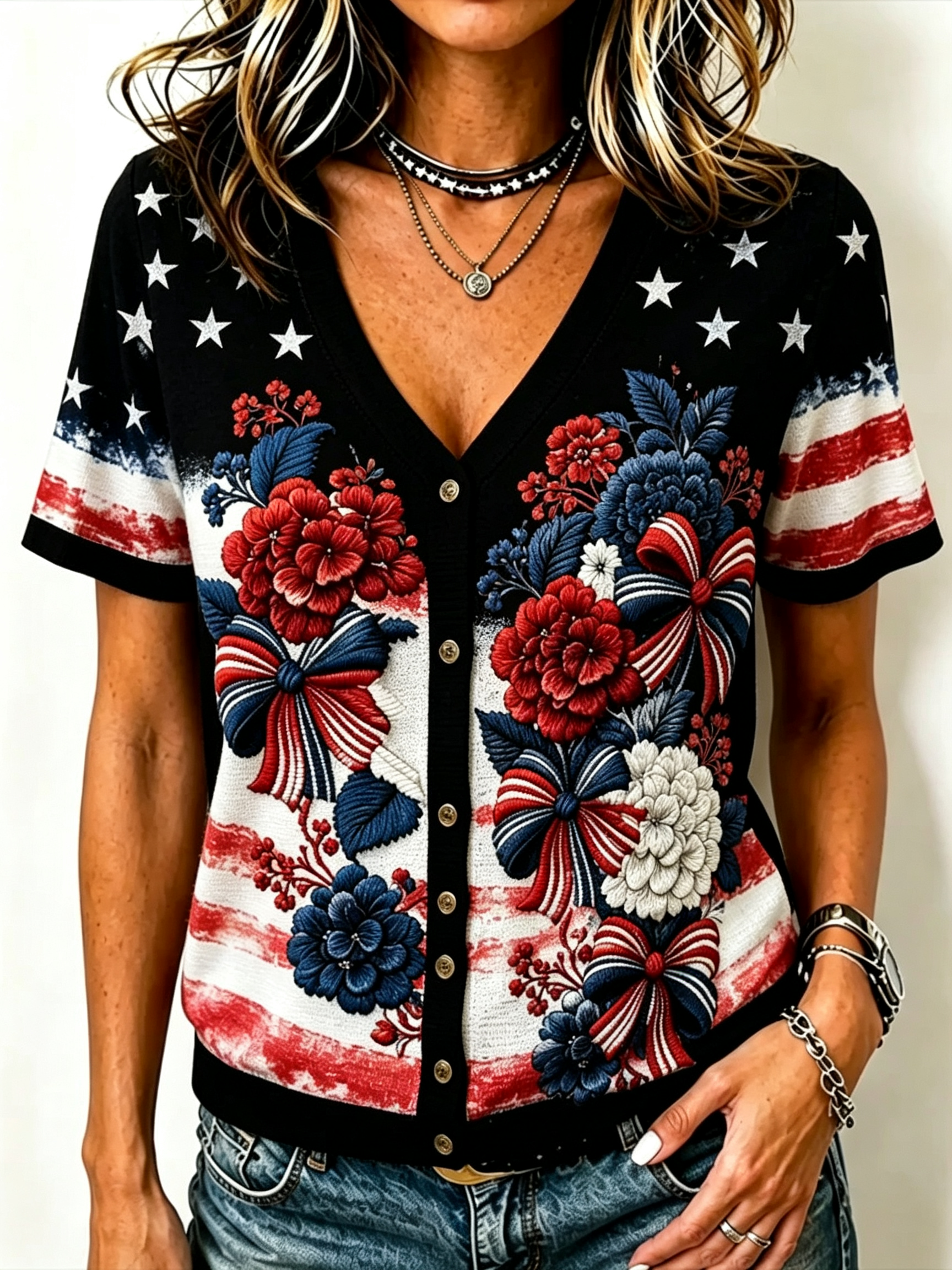 Women's Star Stripe Floral Bow Print V-Neck Short Sleeve Knit Cardigan