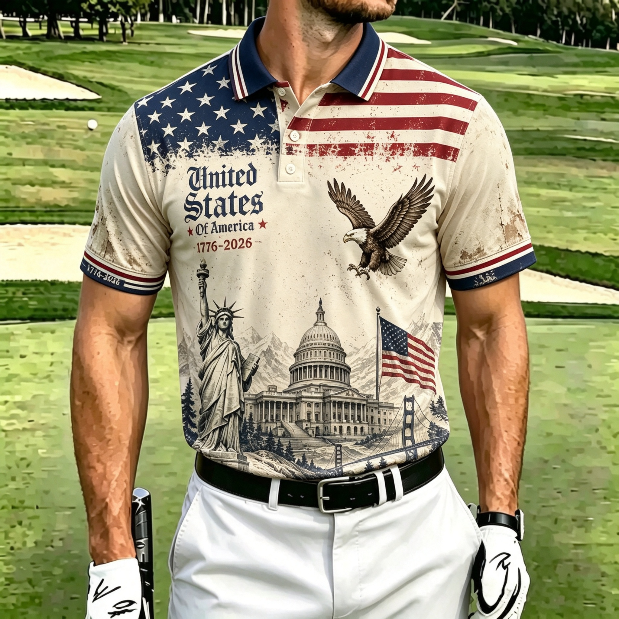 Men's Vintage USA Landmark Eagle Star Stripe Print Short Sleeve Polo Shirt