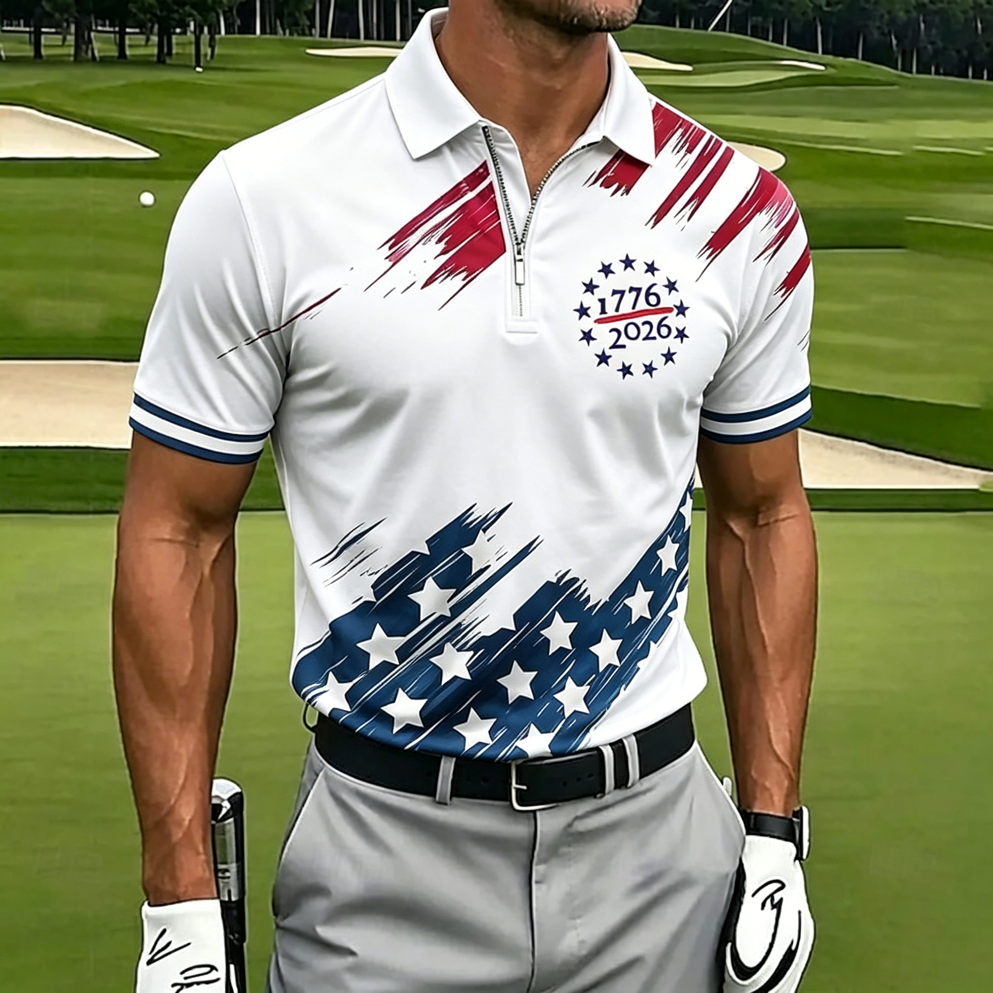 Stylish 1776 USA Themed Men's Polo Shirt, Short Sleeve Quarter-Zip Casual & Sports Performance Top