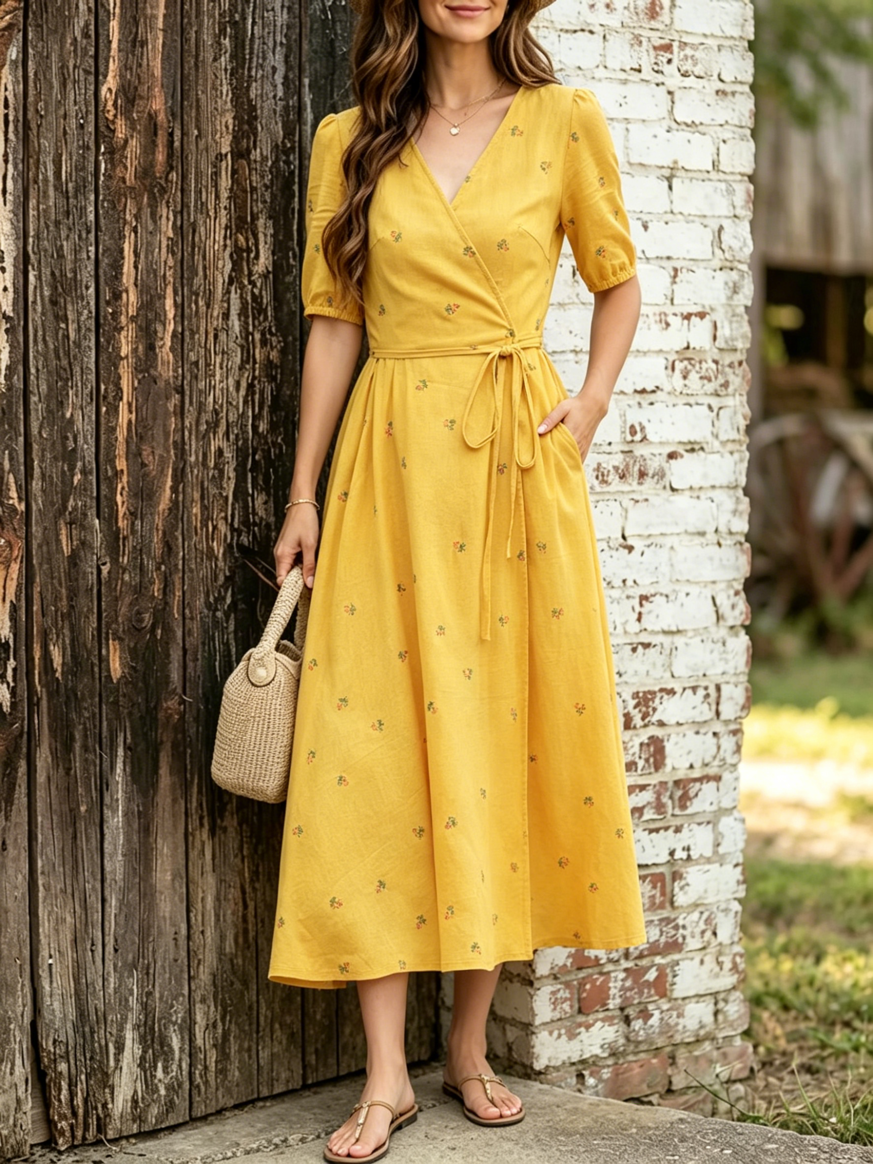 Women Ditsy Floral Wrap Midi Dress Short Sleeve Tie Waist Swing Sundress