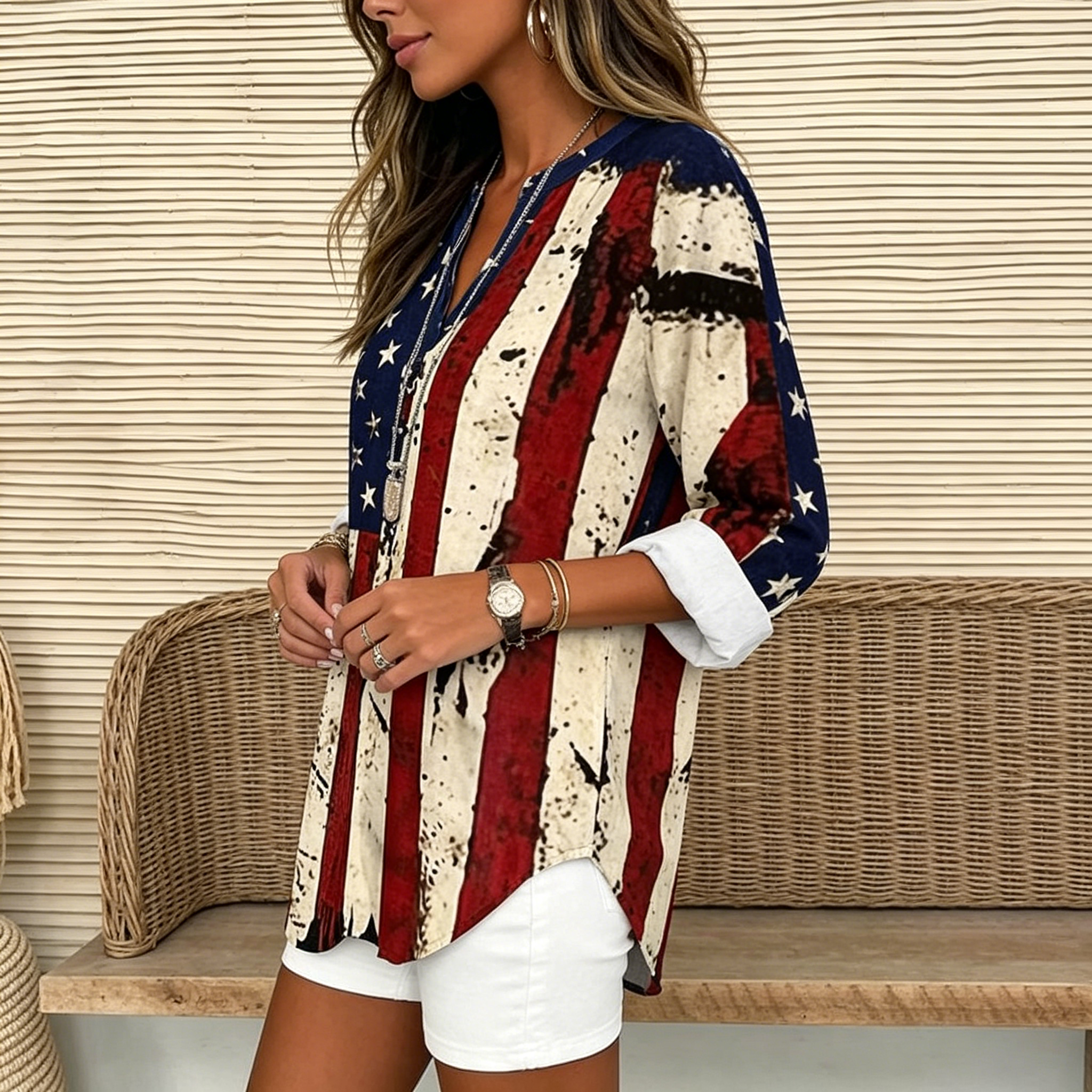Women Vintage Distressed American Star Flag Print Henley Neck Roll Sleeve Loose Patriotic Tunic Blouse