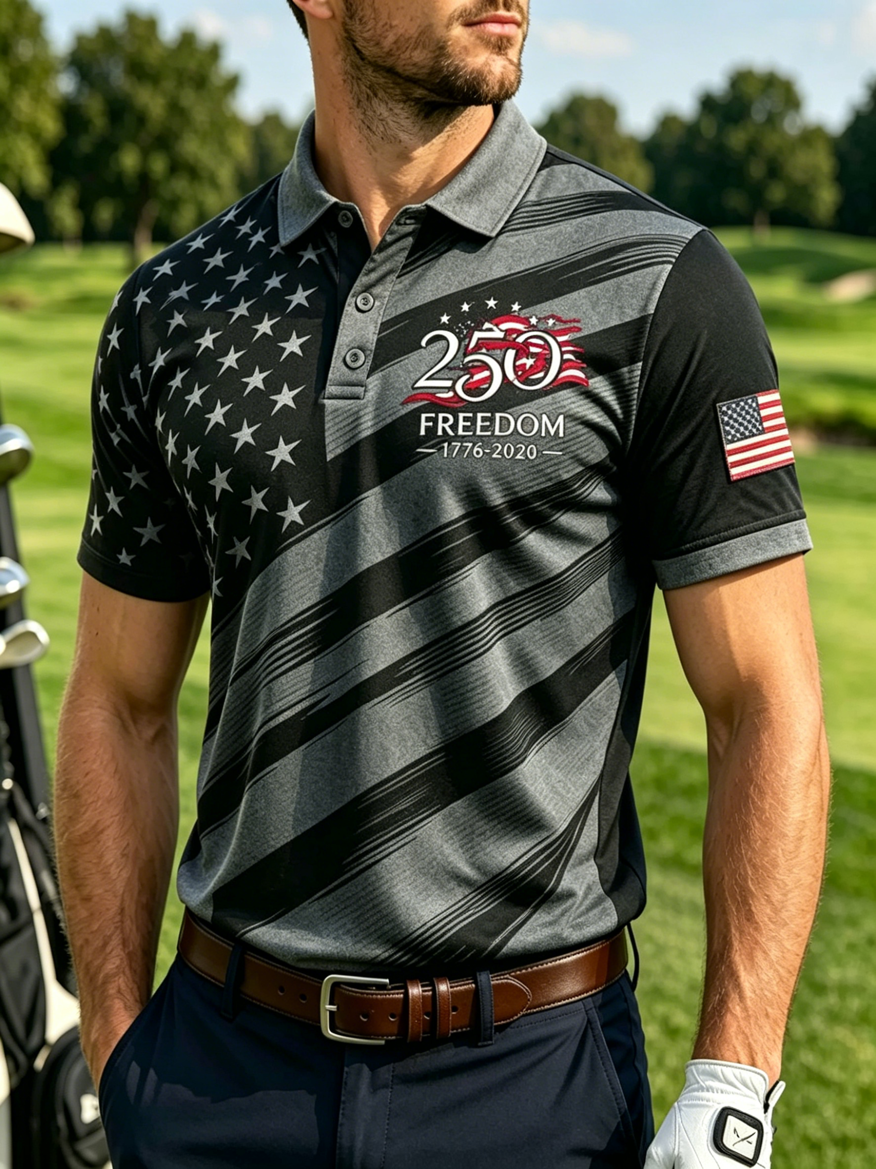 Men 250 Years Freedom Star Diagonal Stripe Patriotic Golf Polo Shirt