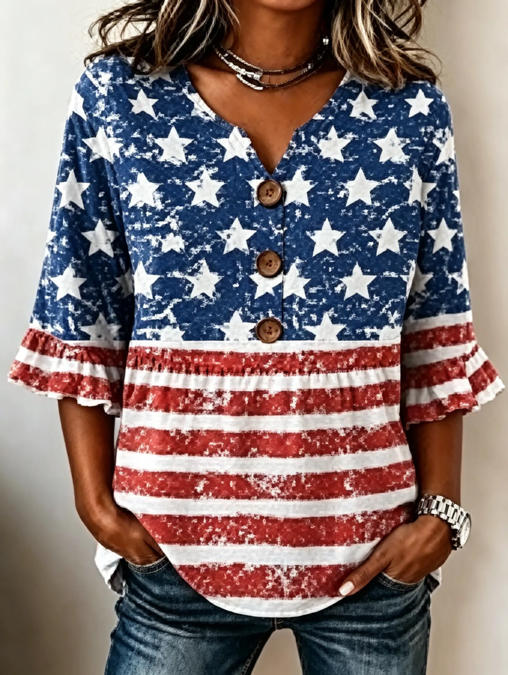 Women's Vintage Distressed American Flag Star Button Henley Ruffle Sleeve Top
