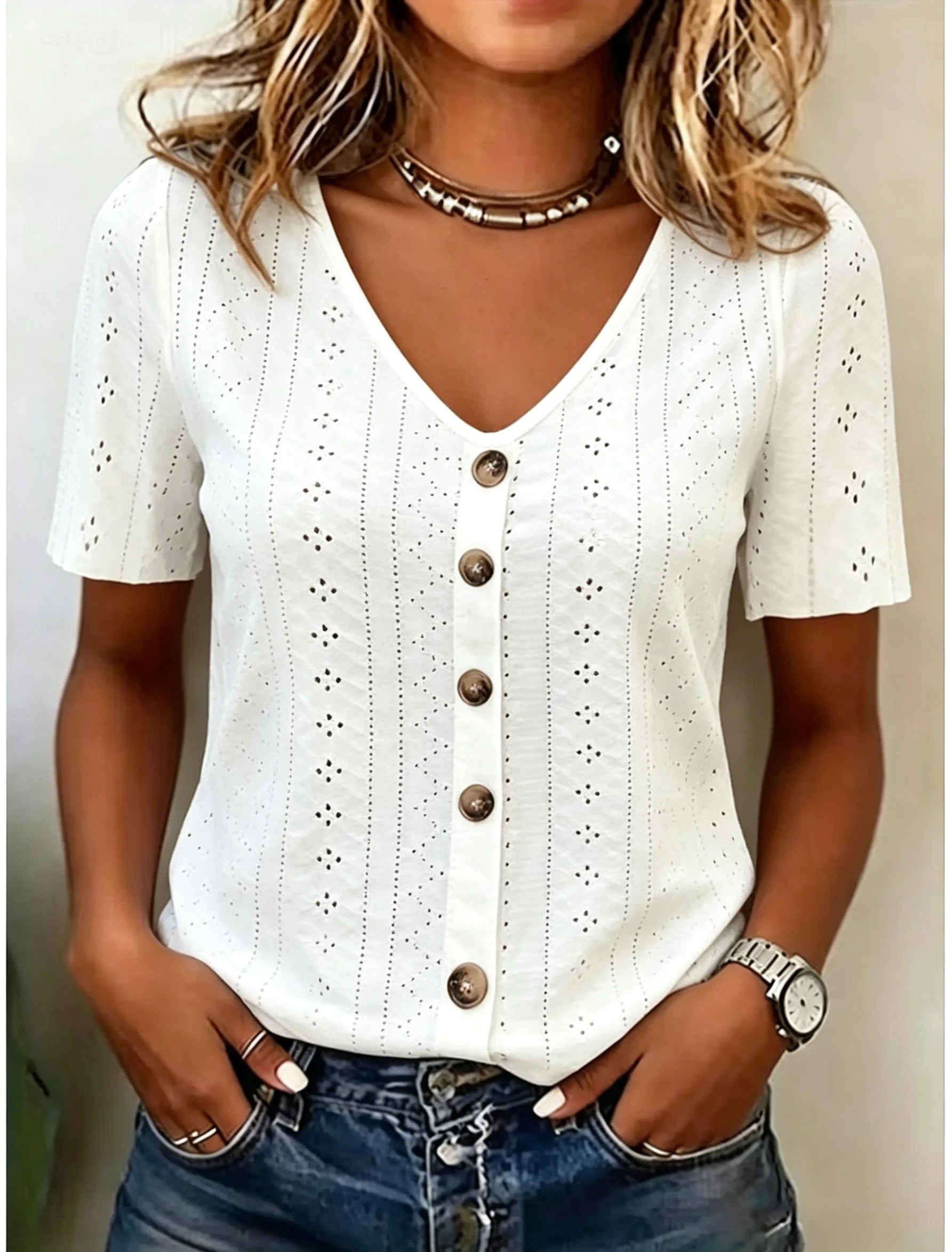 Women's Eyelet Knit V-Neck Button Front Short Sleeve Top