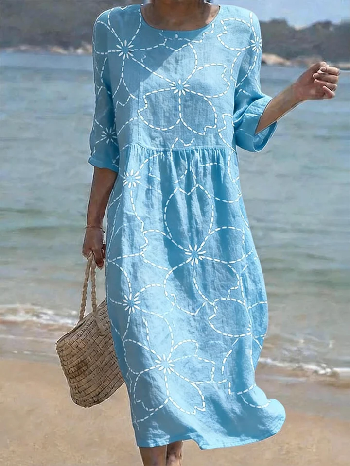 Round Neck Relaxed Fit Flowy Floral Midi Dress Ladies Holiday Daily Swing Dress