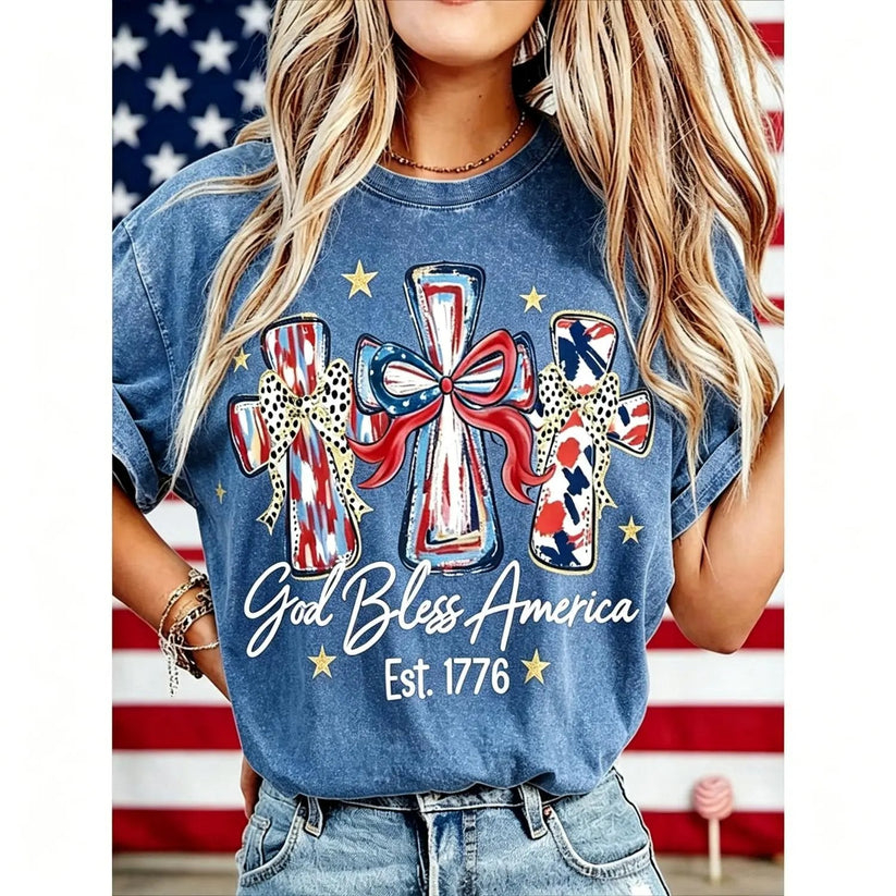 Distressed Mineral Wash Faith Patriotic Cross Gold Star Ladies Summer Top