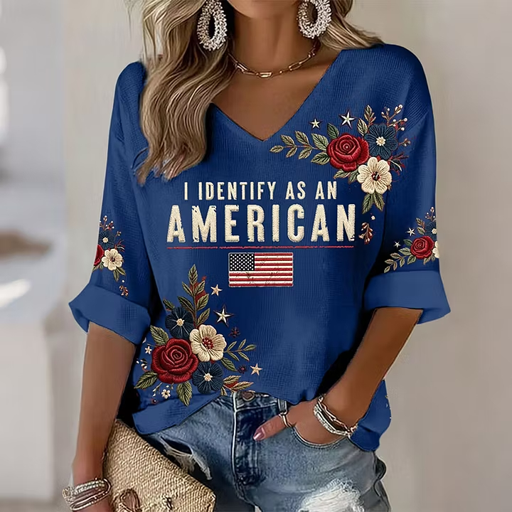 Women's I Identify As An American Floral USA Flag V Neck 3/4 Sleeve Waffle Top