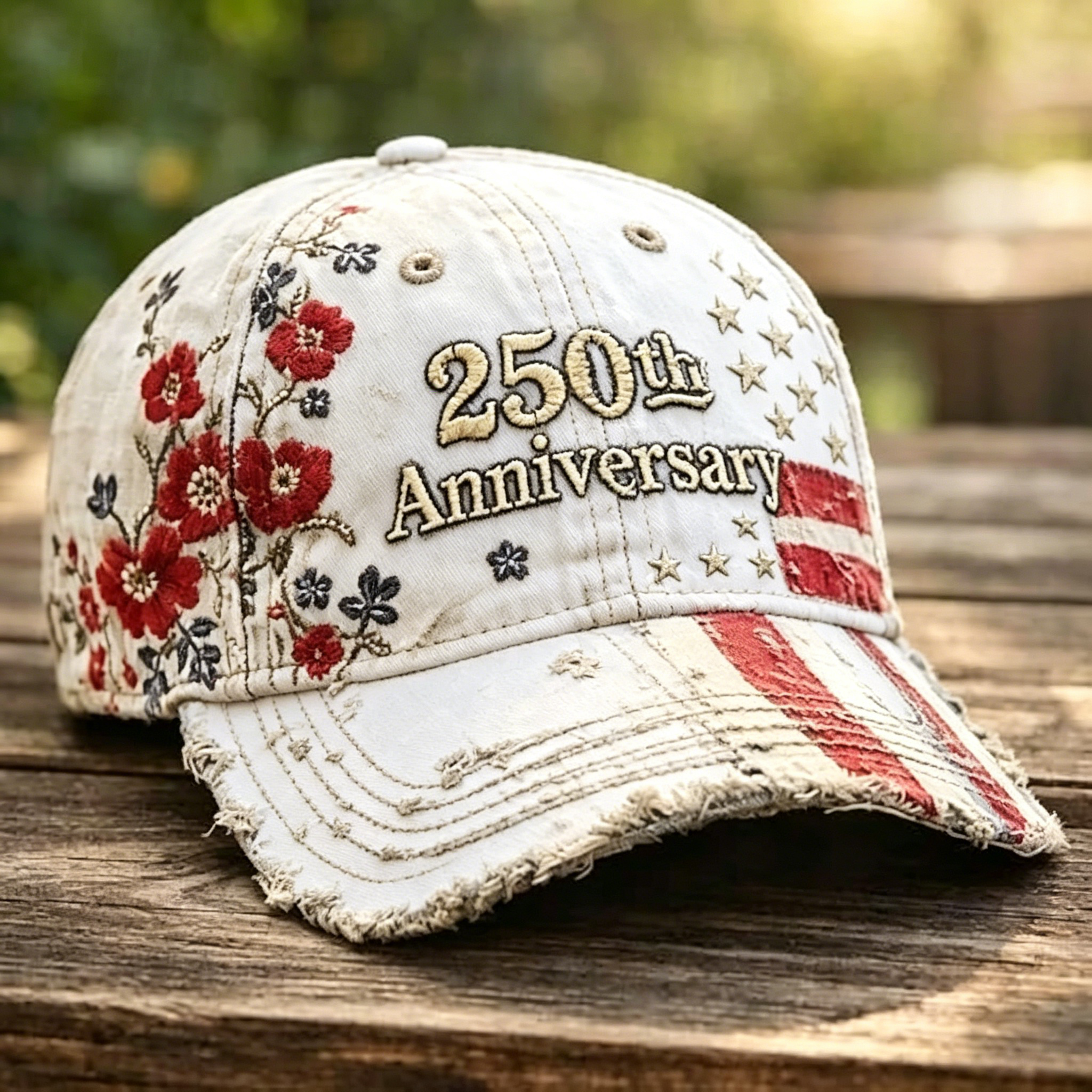 Vintage Floral & Flag Embroidered Baseball Cap, 250th Anniversary Casual Distressed Hat