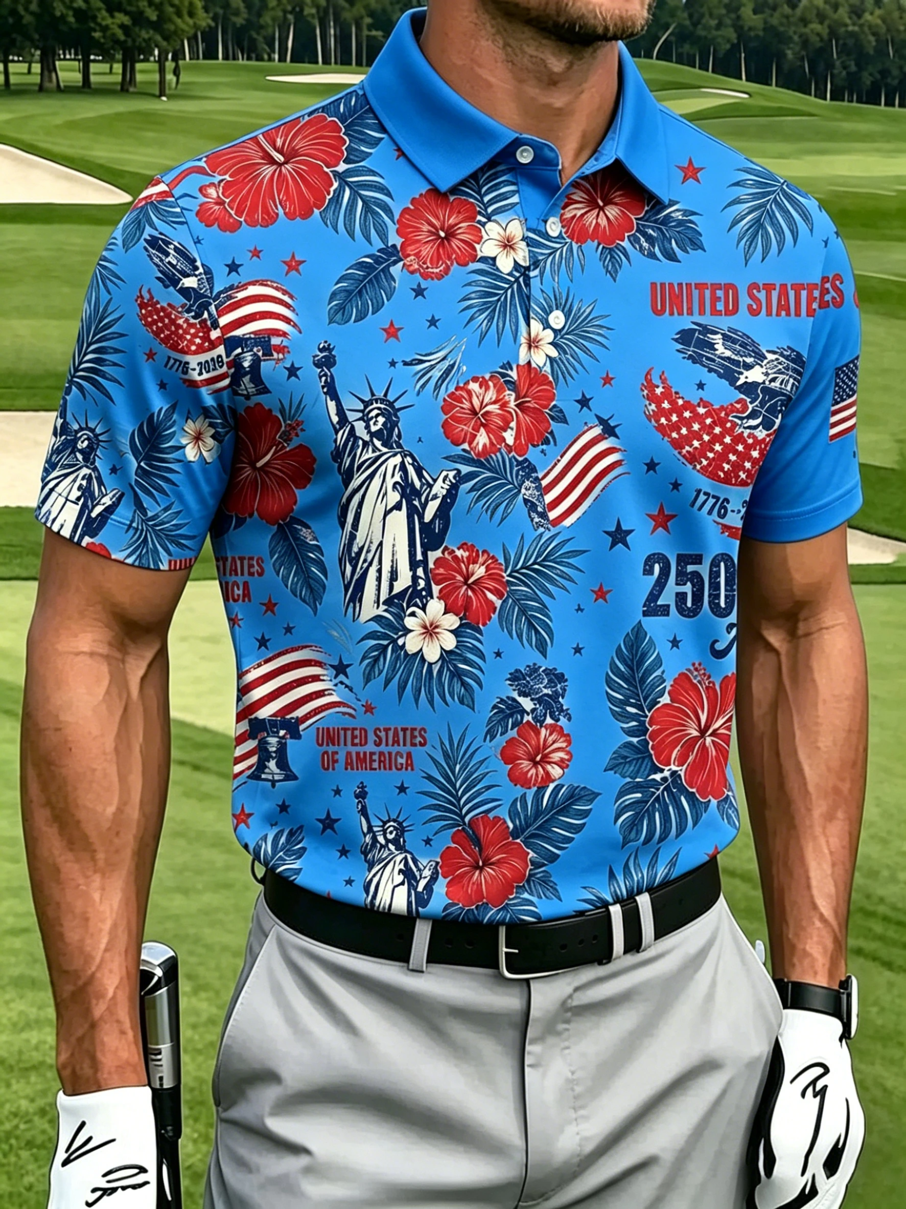 🇺🇸 Men's Patriotic Tropical USA 250th Anniversary Golf Polo Shirt