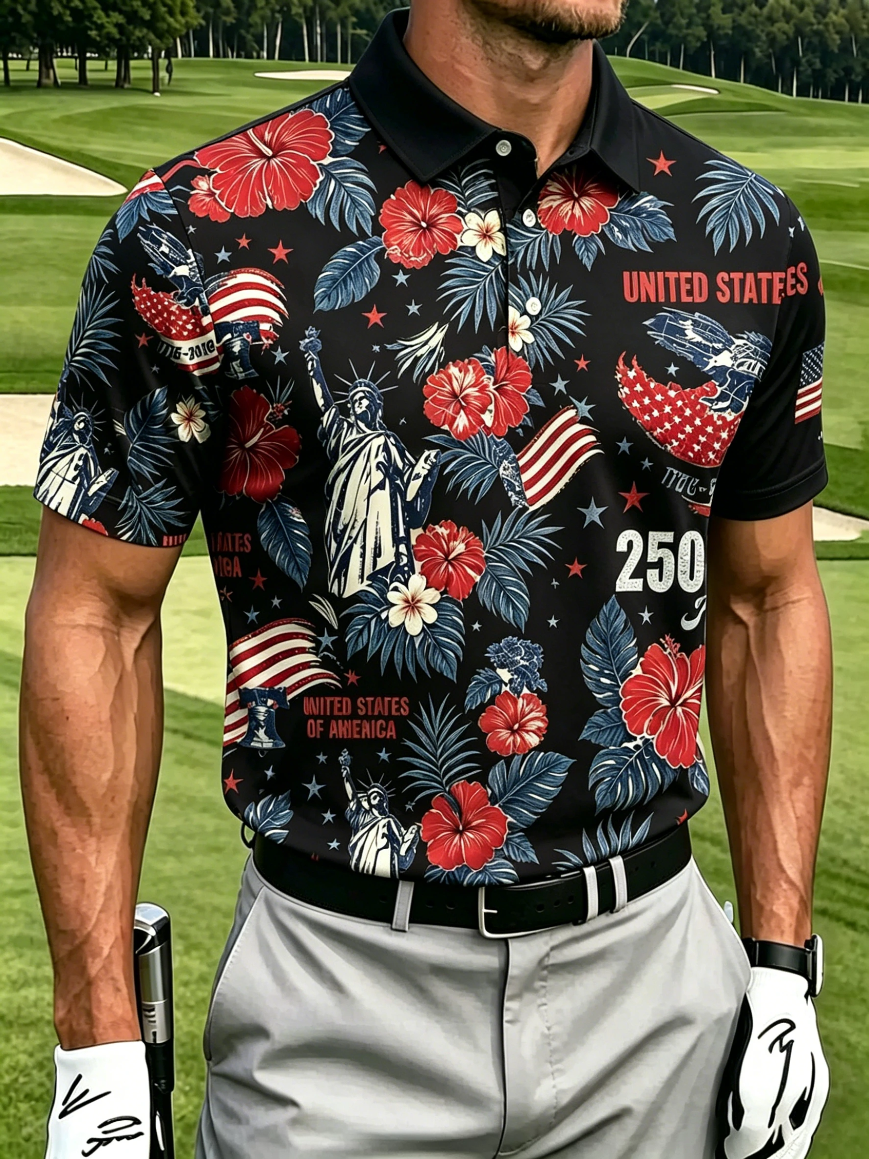 🇺🇸 Men's Patriotic Tropical USA 250th Anniversary Golf Polo Shirt