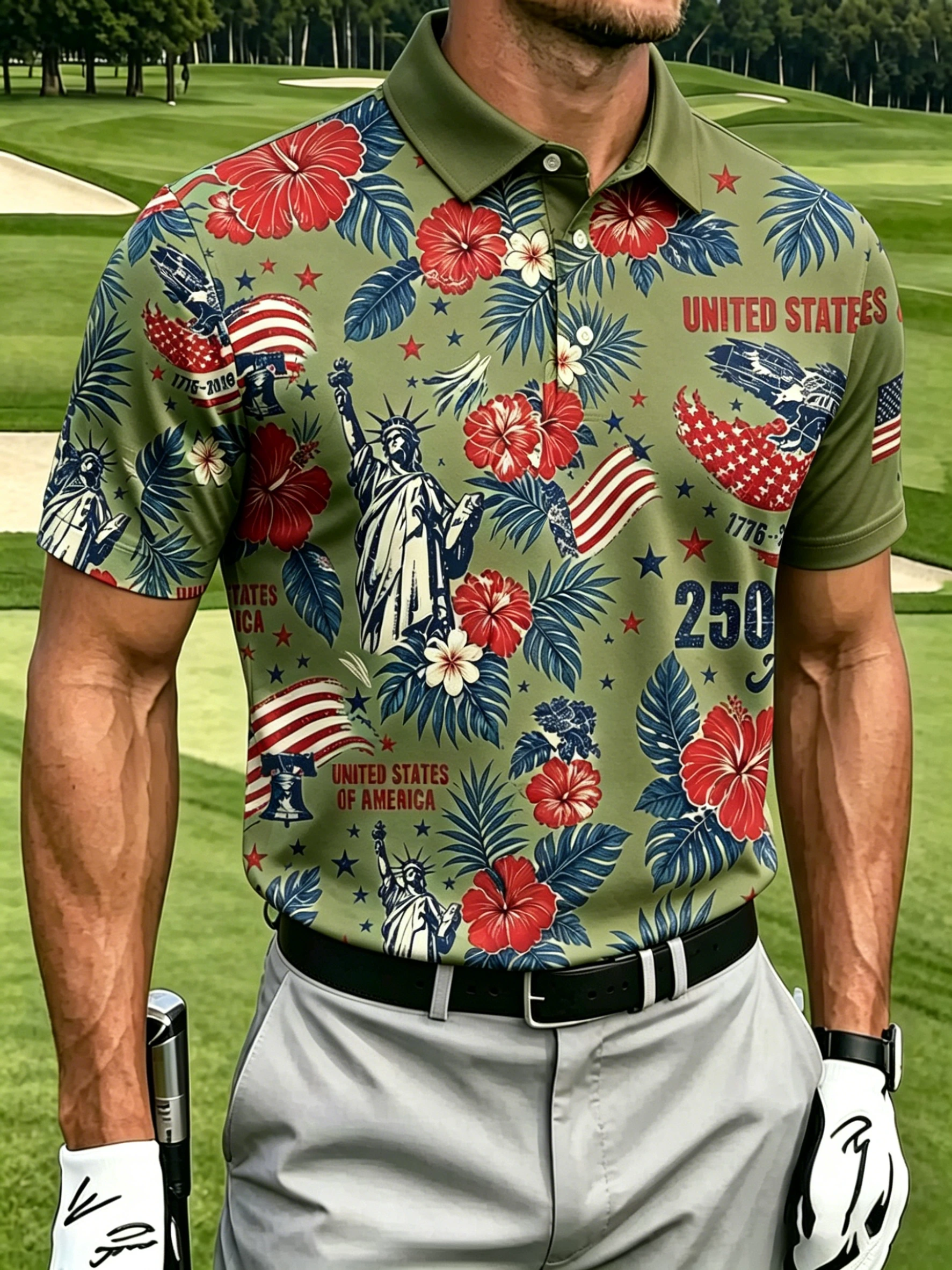 🇺🇸 Men's Patriotic Tropical USA 250th Anniversary Golf Polo Shirt