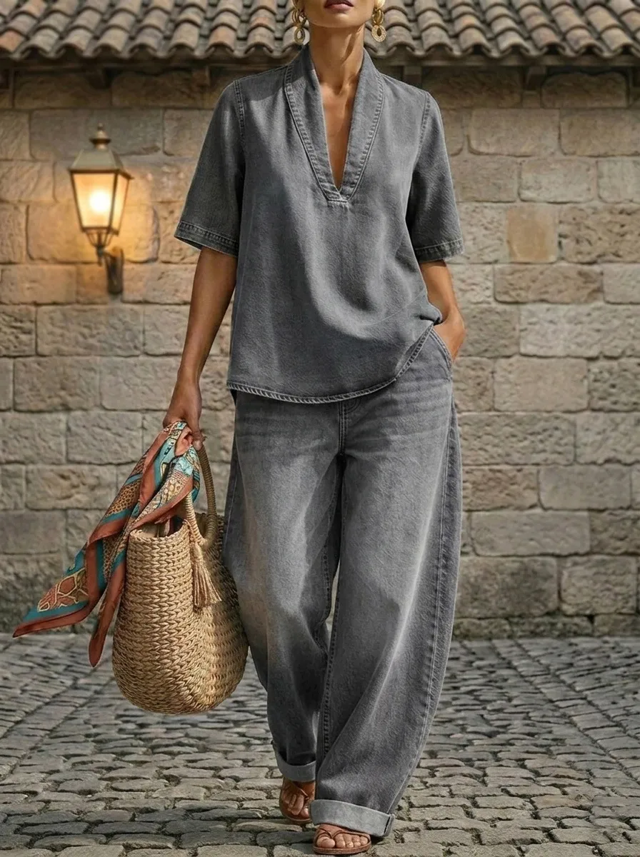 ⏰ LAST DAY SAVE 50% 💥Women’s Denim V-Neck Top & Barrel-Leg Pants Set – Light Wash Two-Piece Co-Ord