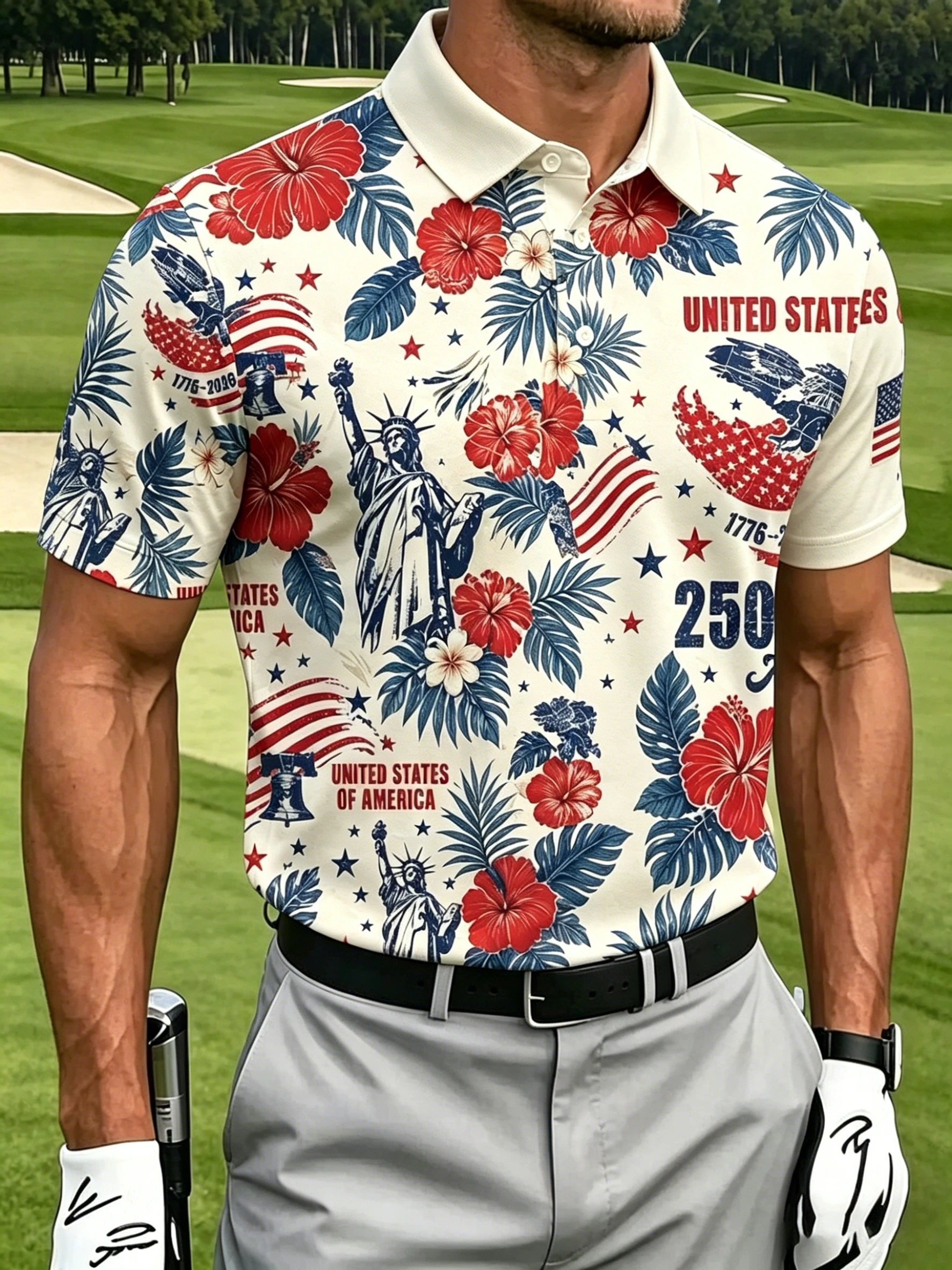 🇺🇸 Men's Patriotic Tropical USA 250th Anniversary Golf Polo Shirt