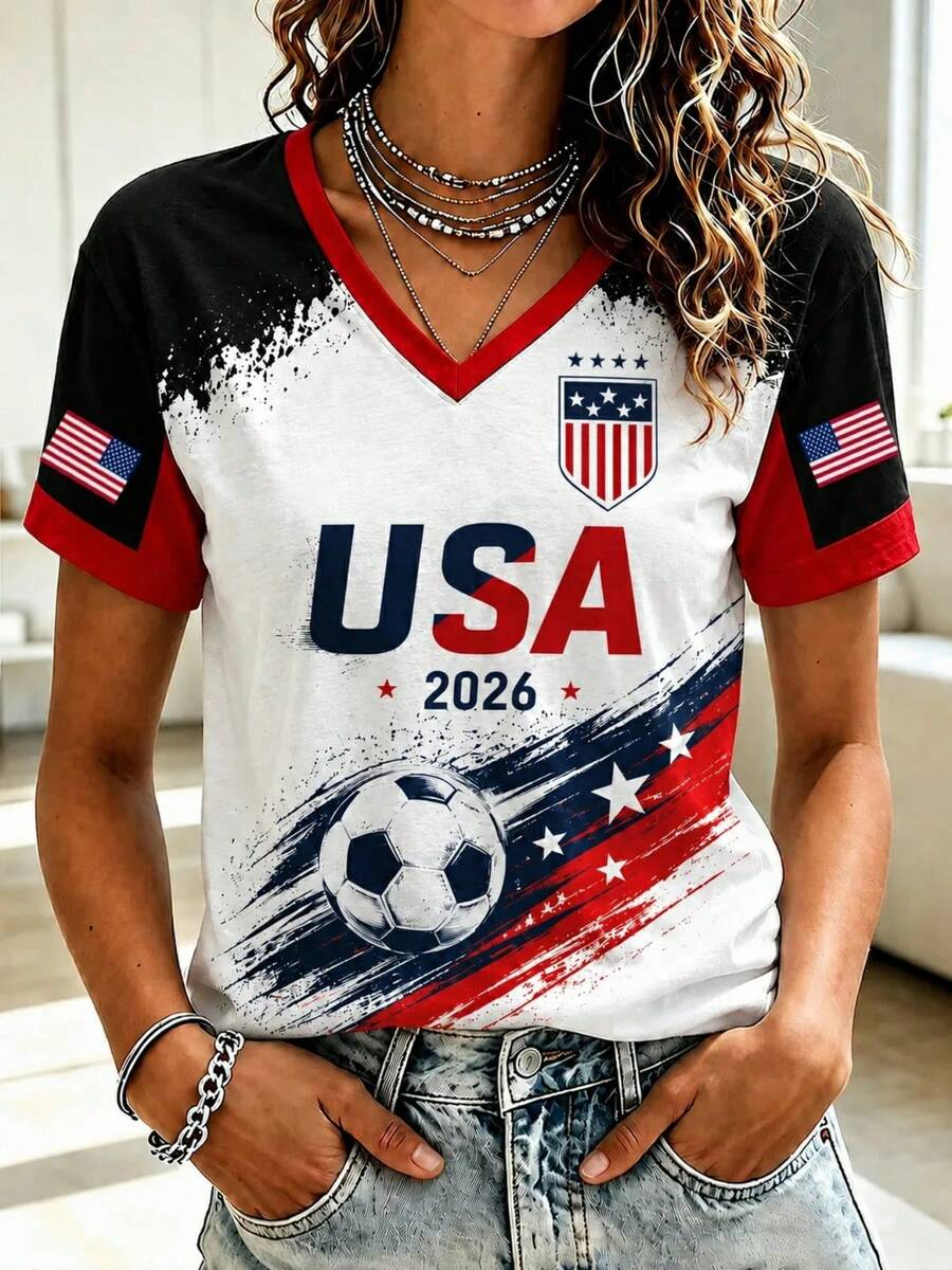 2026 World Cup USA Football Fan Raglan Sleeve V Neck Casual Tee