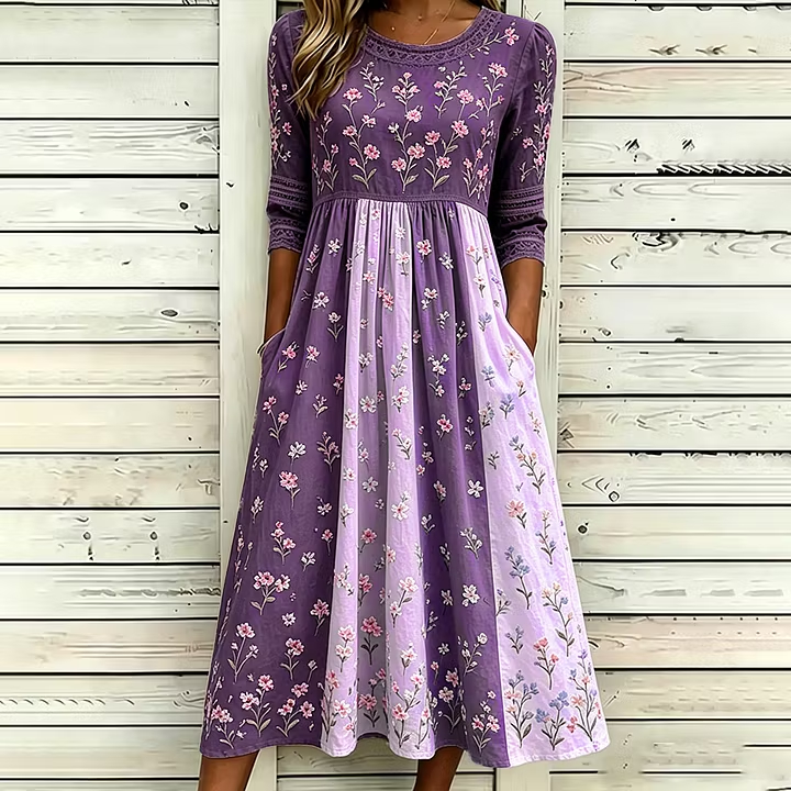 Women Flowy Tiered Floral Patchwork Casual Midi Dress with Side Pockets