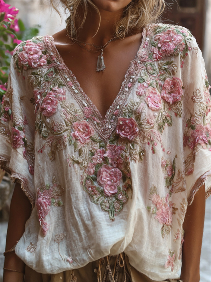 Women Vintage Floral Rhinestone Trim Oversized Casual Boho Summer Top