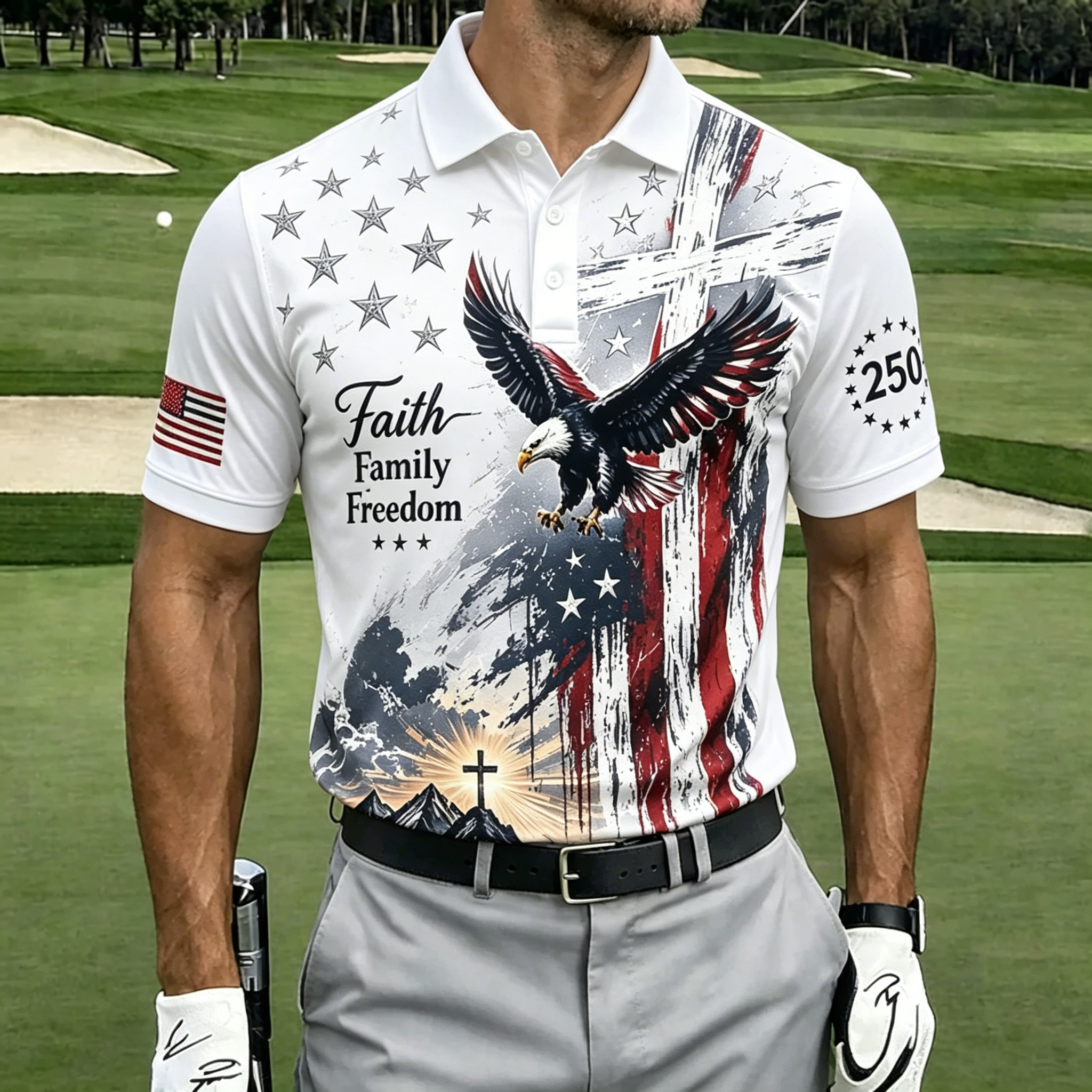 250th Patriotic Eagle Star Sleeve Patch Crew Neck T-Shirt for Men