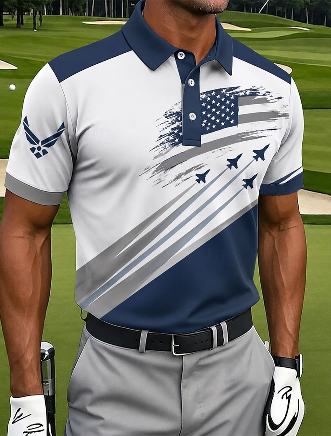 Men's Patriotic Air Force & Navy Performance Golf Polo Shirt – American Flag Military Aviation Print Casual Collared Shirt