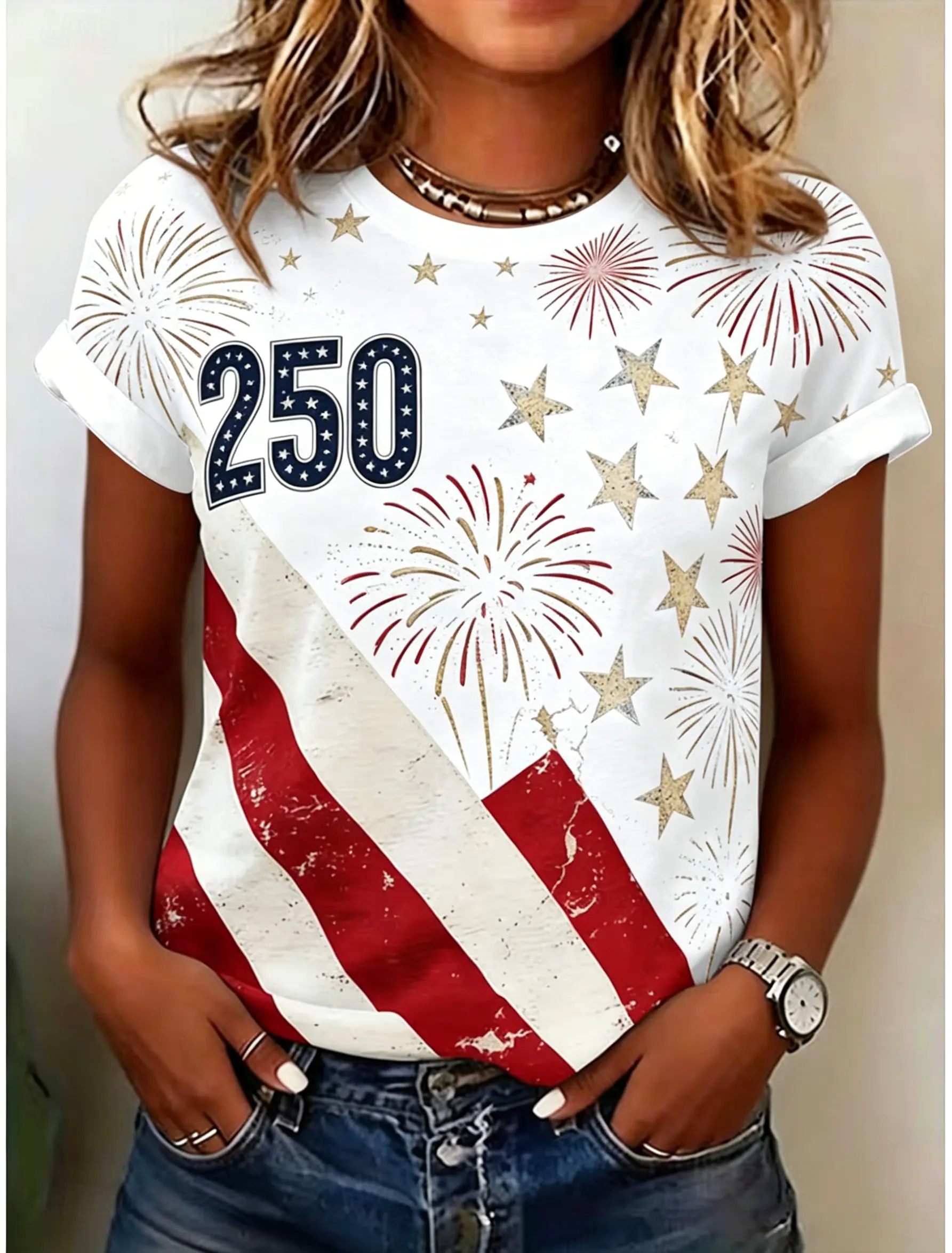 Women's Vintage Distressed Firework Star Diagonal USA Flag 250 Number Print Crew Neck Roll Cuff Short Sleeve Tee