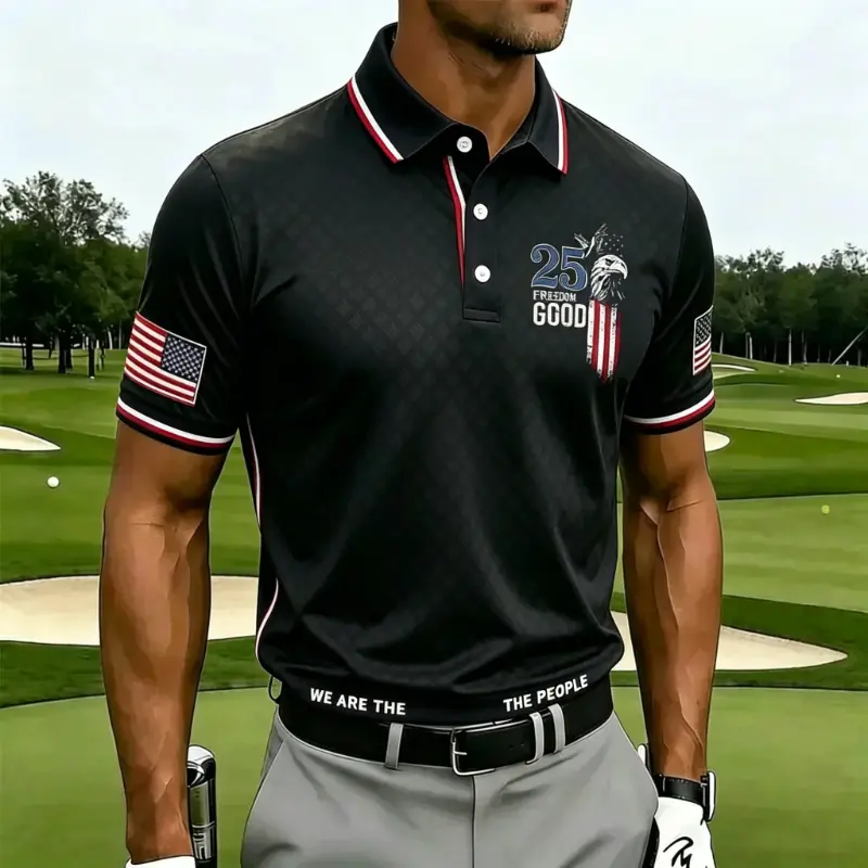 Men's Black Eagle USA Flag 25 Freedom Good "We Are The People" Trim Short Sleeve Golf Polo