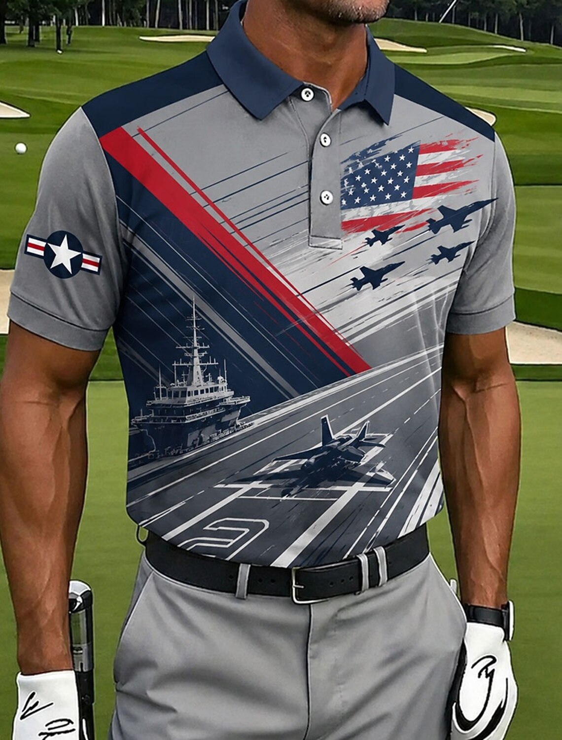 Men's Patriotic Air Force & Navy Performance Golf Polo Shirt – American Flag Military Aviation Print Casual Collared Shirt