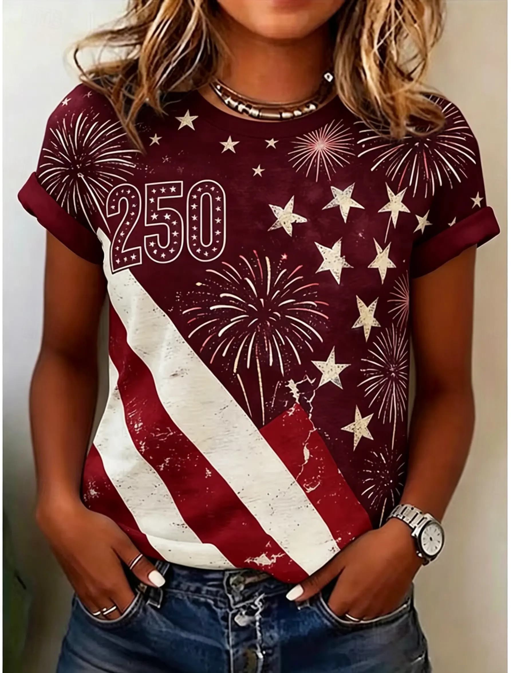 Women's Vintage Distressed Firework Star Diagonal USA Flag 250 Number Print Crew Neck Roll Cuff Short Sleeve Tee
