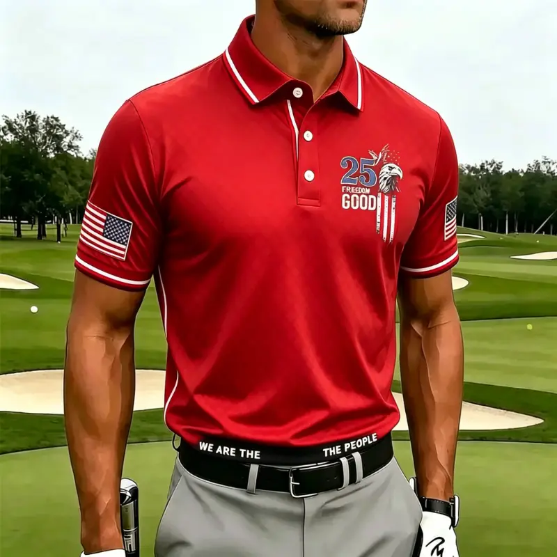 Men's Black Eagle USA Flag 25 Freedom Good "We Are The People" Trim Short Sleeve Golf Polo