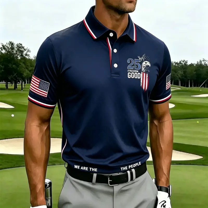 Men's Black Eagle USA Flag 25 Freedom Good "We Are The People" Trim Short Sleeve Golf Polo