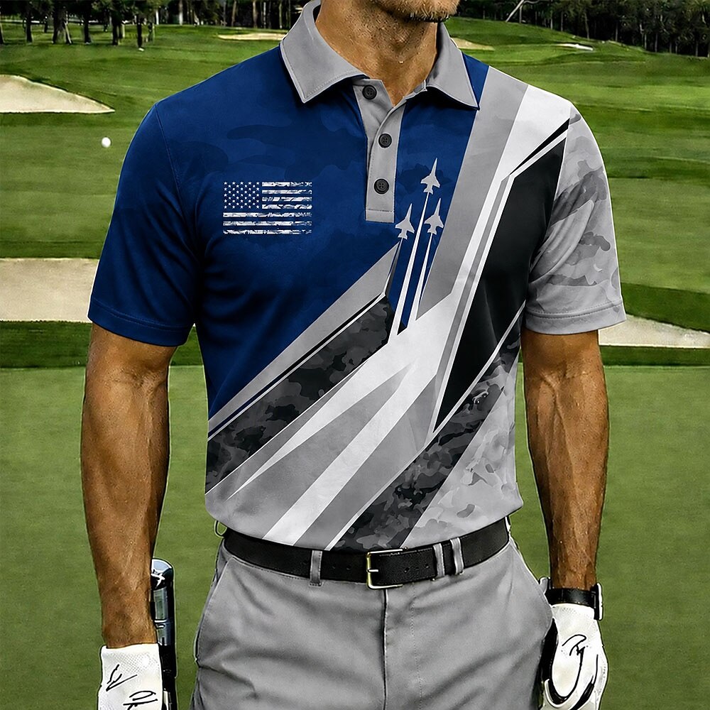 Men's Patriotic Air Force & Navy Performance Golf Polo Shirt – American Flag Military Aviation Print Casual Collared Shirt