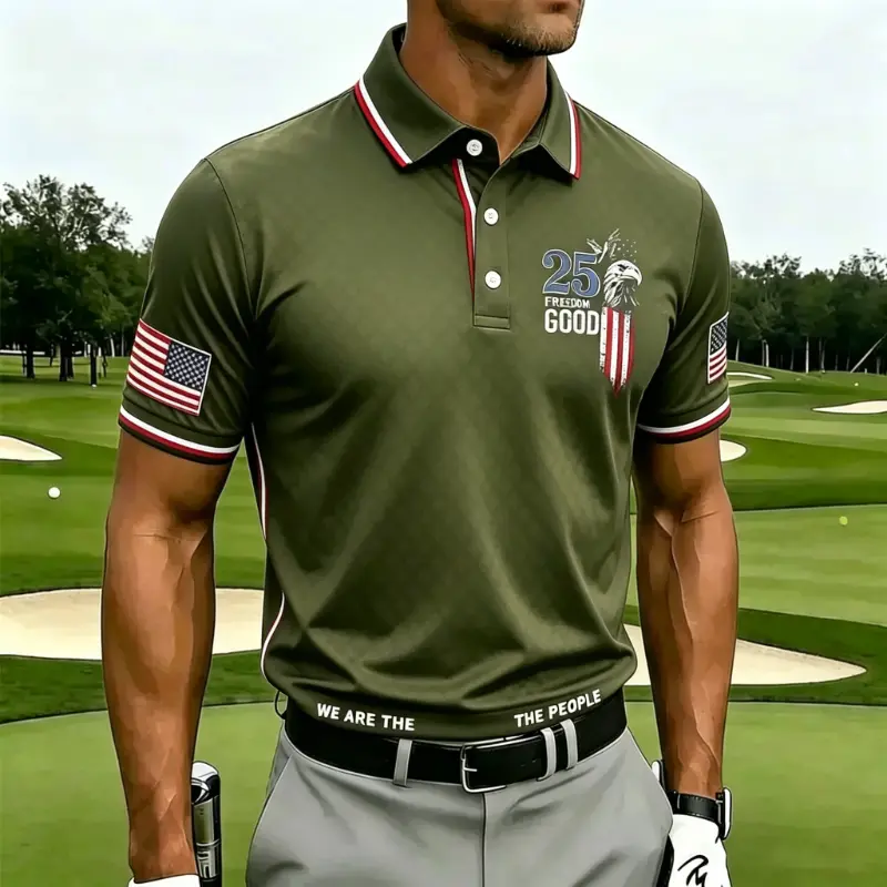 Men's Black Eagle USA Flag 25 Freedom Good "We Are The People" Trim Short Sleeve Golf Polo