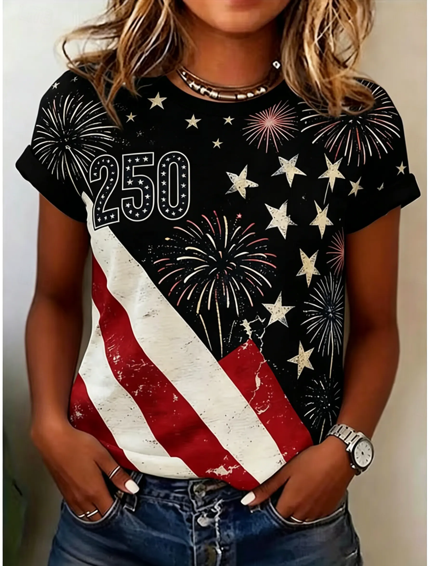 Women's Vintage Distressed Firework Star Diagonal USA Flag 250 Number Print Crew Neck Roll Cuff Short Sleeve Tee