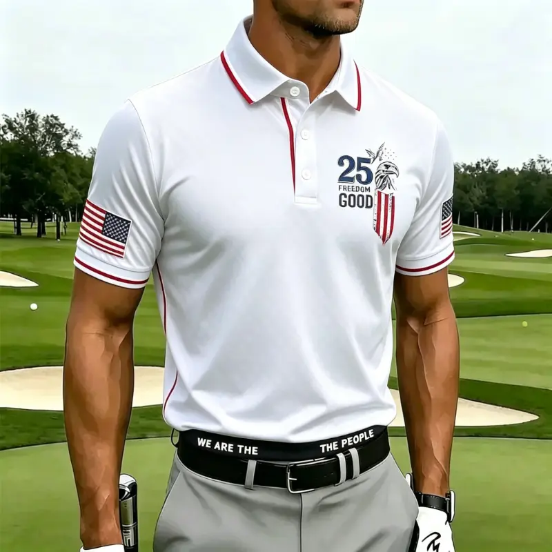 Men's Black Eagle USA Flag 25 Freedom Good "We Are The People" Trim Short Sleeve Golf Polo