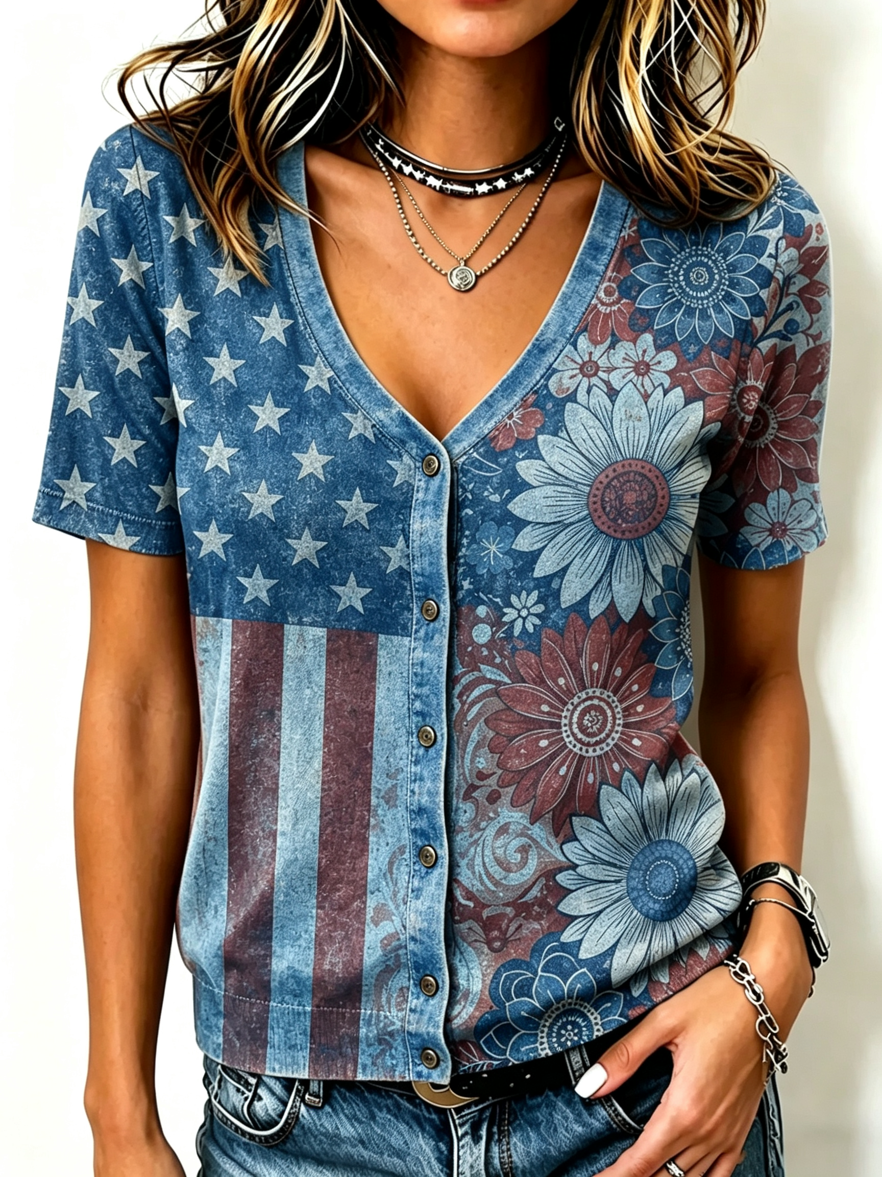 Women's Vintage Star Stripe Sunflower Floral V Neck Button Down Knit Top