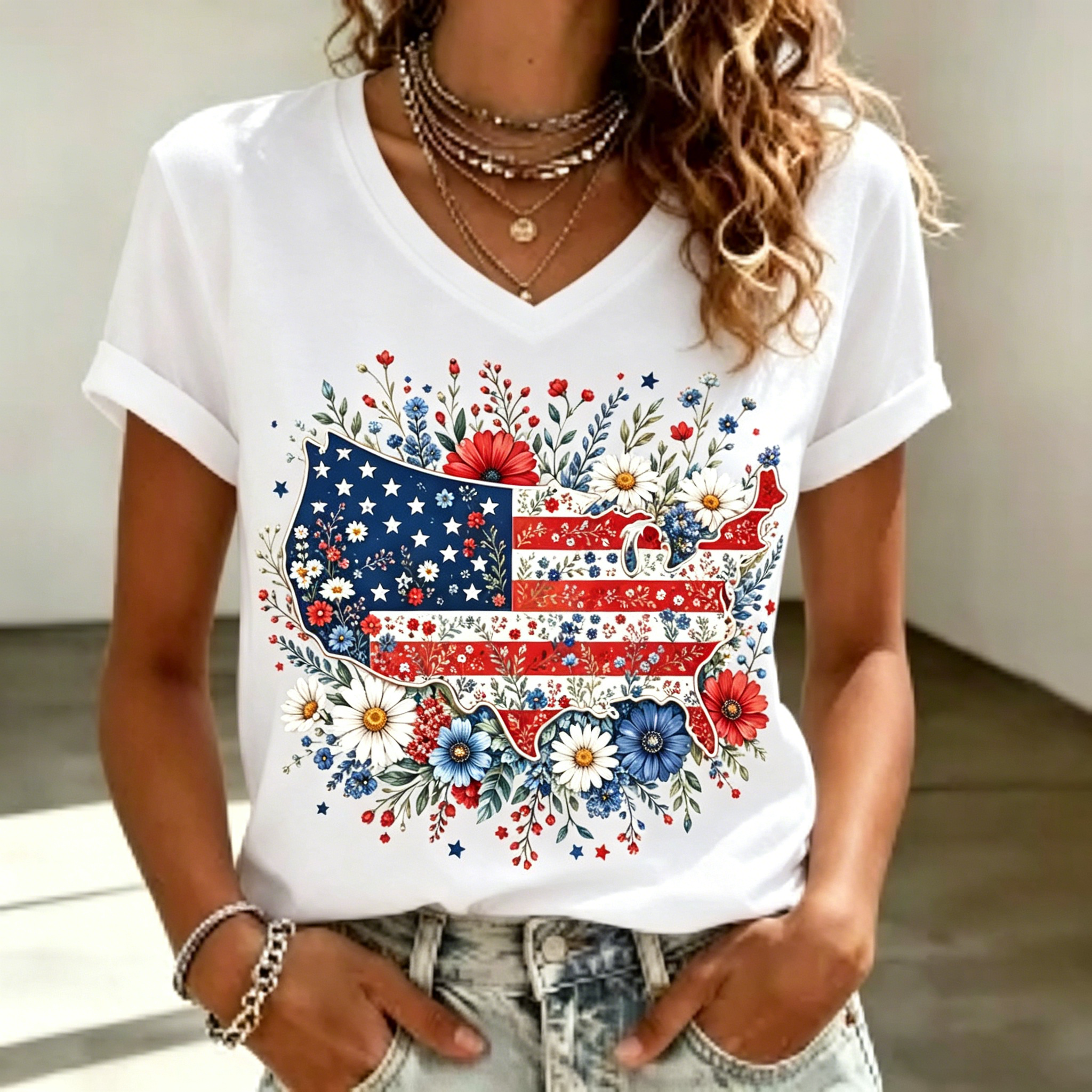American Flag Floral Map Women’s T-Shirt, Cute Patriotic Graphic Tee for Summer & Holiday