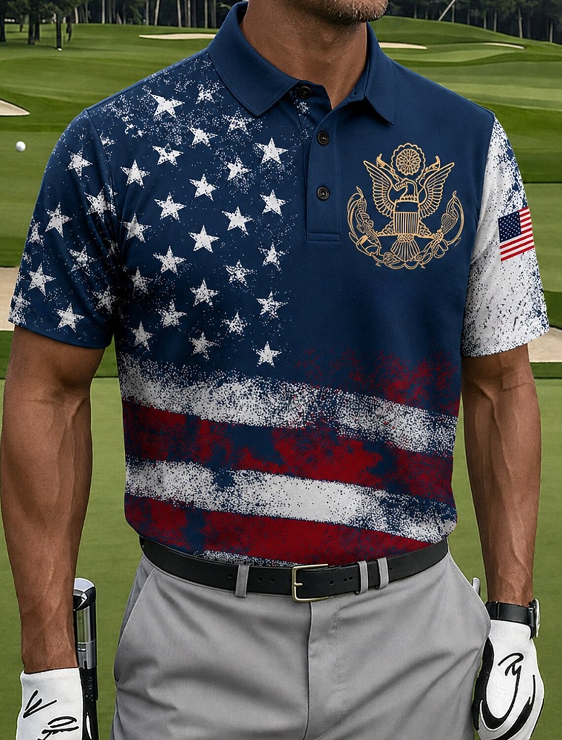 Men's Patriotic American Flag Eagle Golf Polo Shirt – Retro Splatter Print Casual Performance Collared Shirt