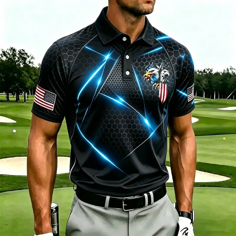 Men's Hexagon Pattern Blue Light Line USA Flag Eagle Print Short Sleeve Golf Polo Shirt