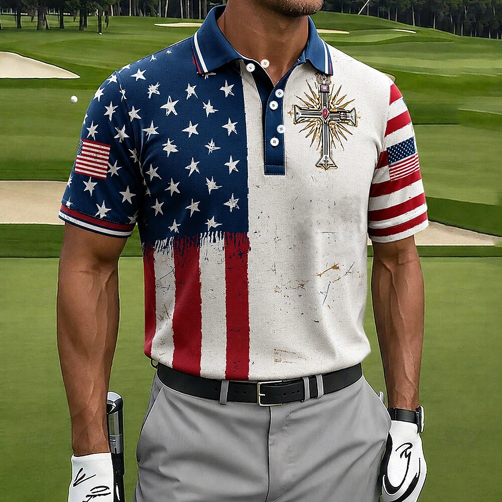 Men's Patriotic American Flag Eagle Golf Polo Shirt – Retro Splatter Print Casual Performance Collared Shirt