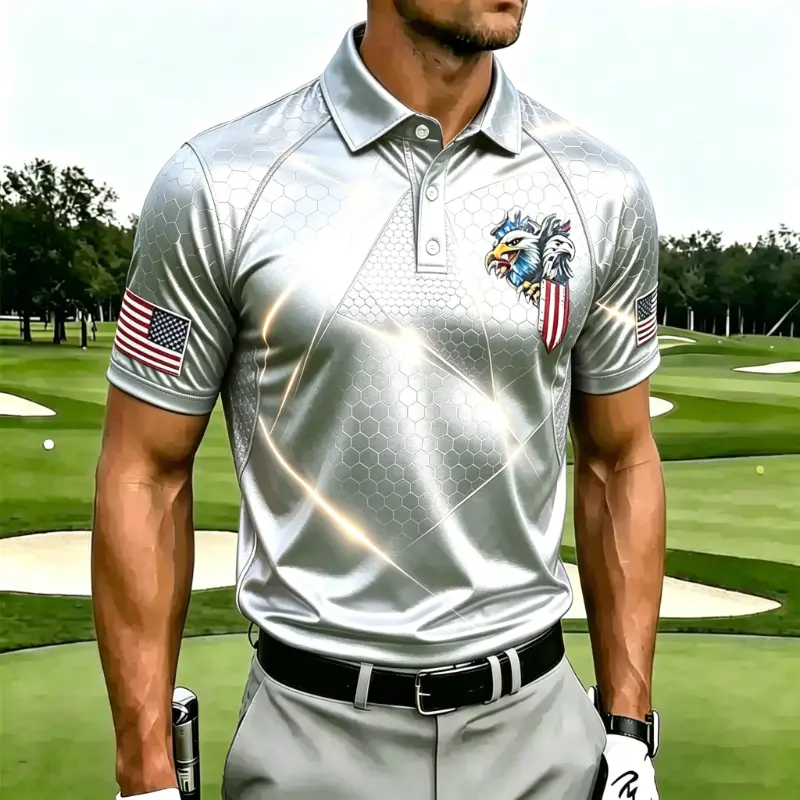 Men's Hexagon Pattern Blue Light Line USA Flag Eagle Print Short Sleeve Golf Polo Shirt