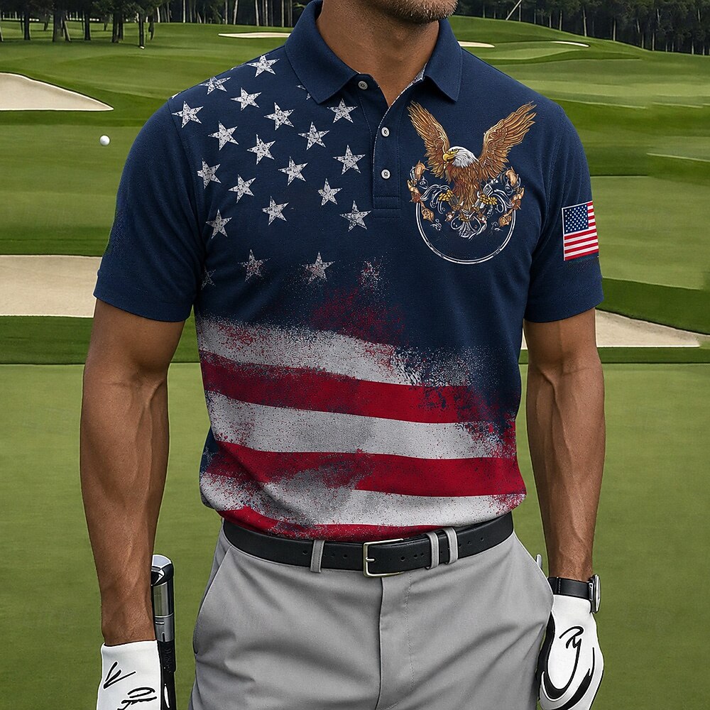 Men's Patriotic American Flag Eagle Golf Polo Shirt – Retro Splatter Print Casual Performance Collared Shirt